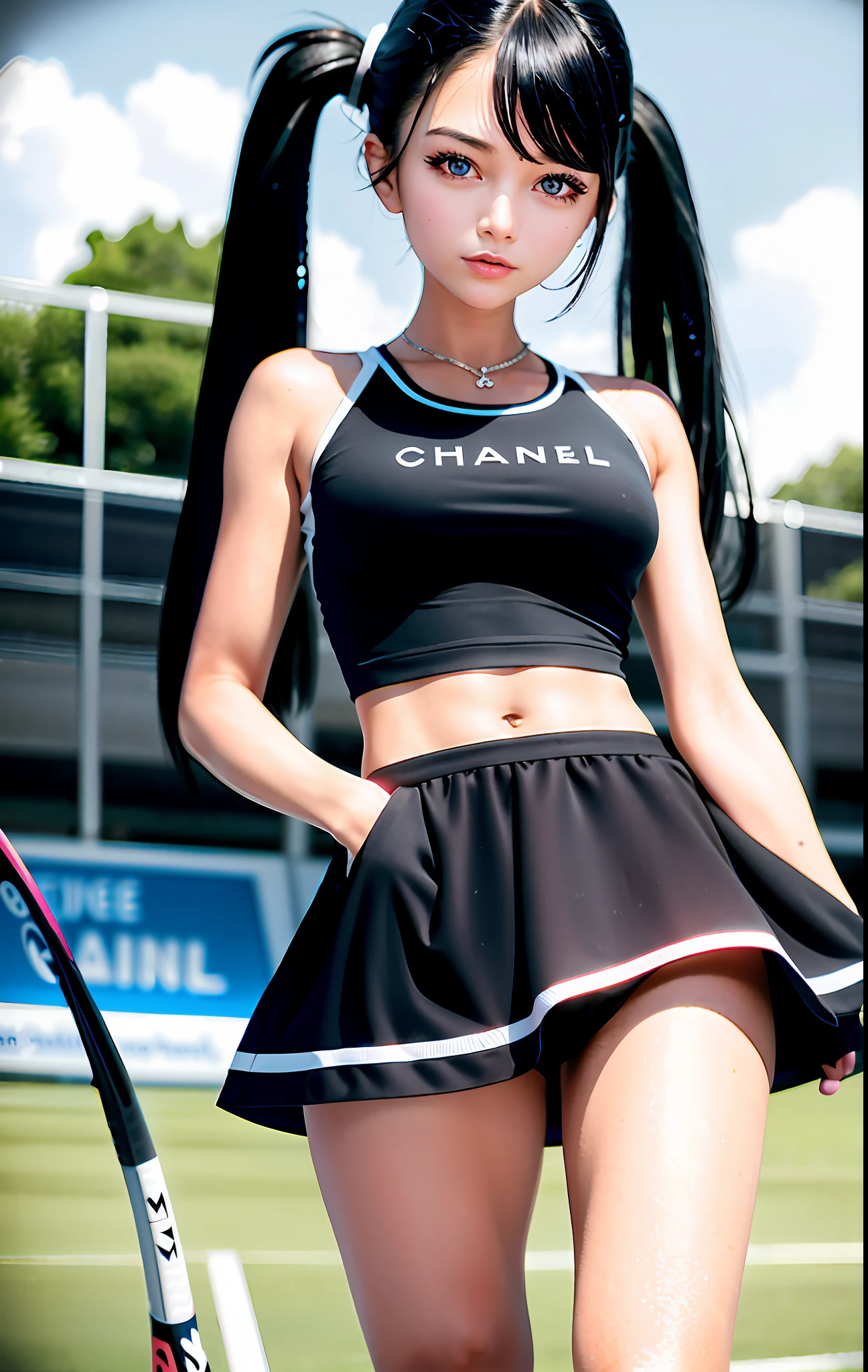 Create a 25-year-old woman, black hair, Chanel cut, shining blue eyes, perfect face, small and round breasts, athletic and slim body, skirt and tennis top, local multi-sport tennis court.