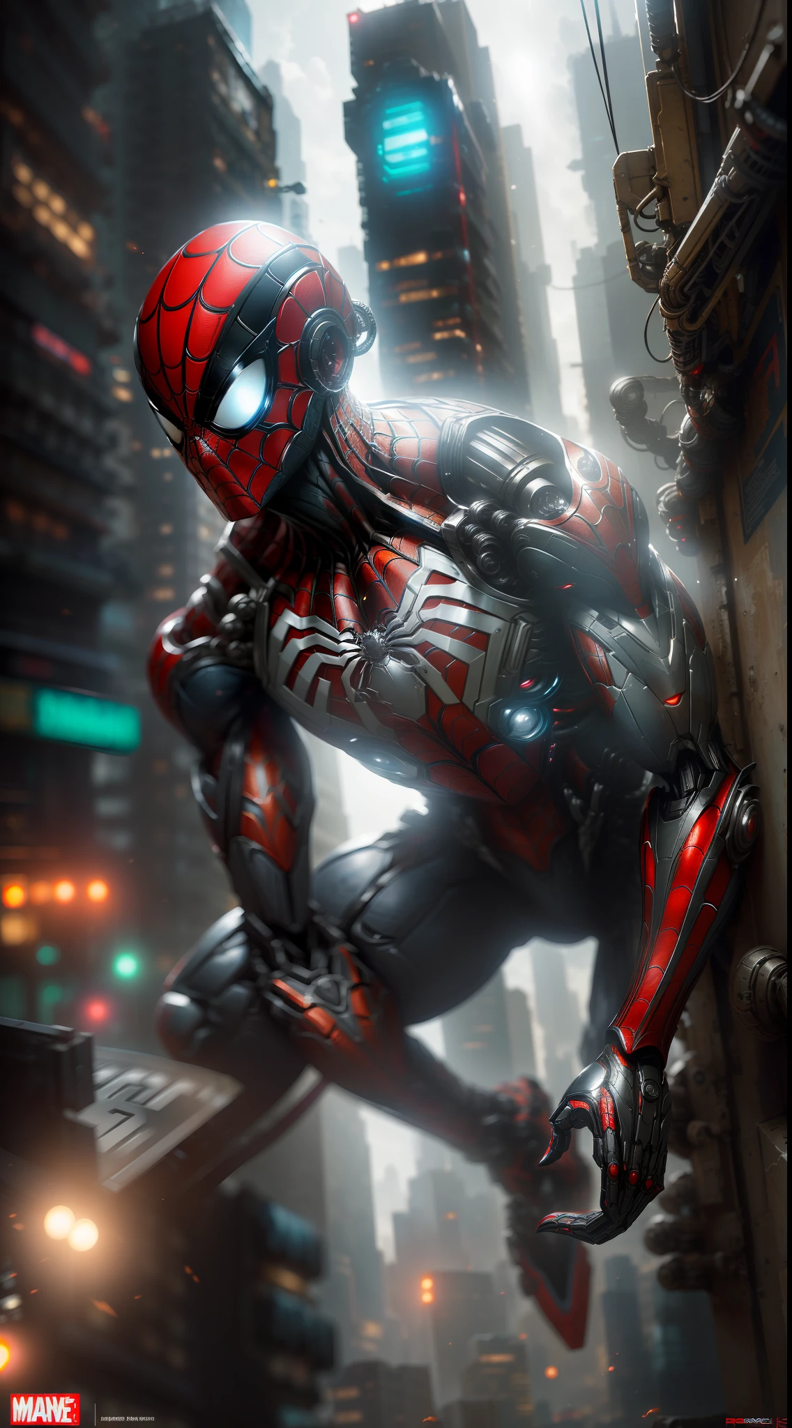 Spider-Man from Marvel photography, biomechanical, complex robot, full growth, hyper-realistic, insane small details, extremely clean lines, cyberpunk aesthetic, a masterpiece presented at Zbrush Central