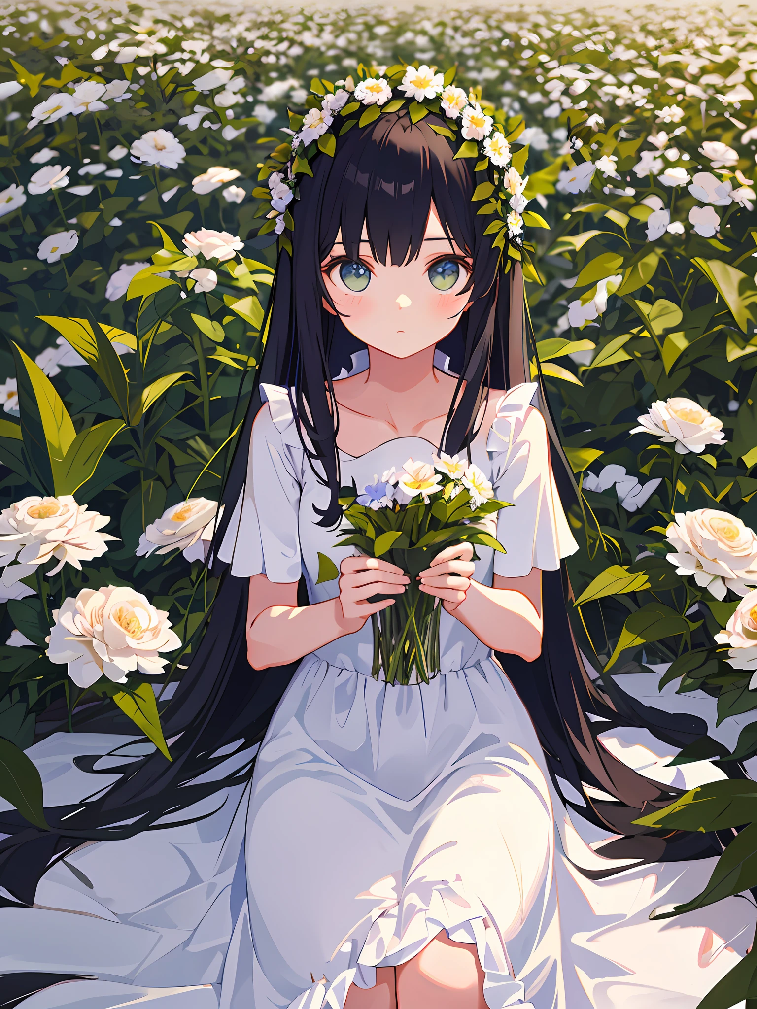 Masterpiece, best quality, girl in soft clothes, girl looking at the endless flower field