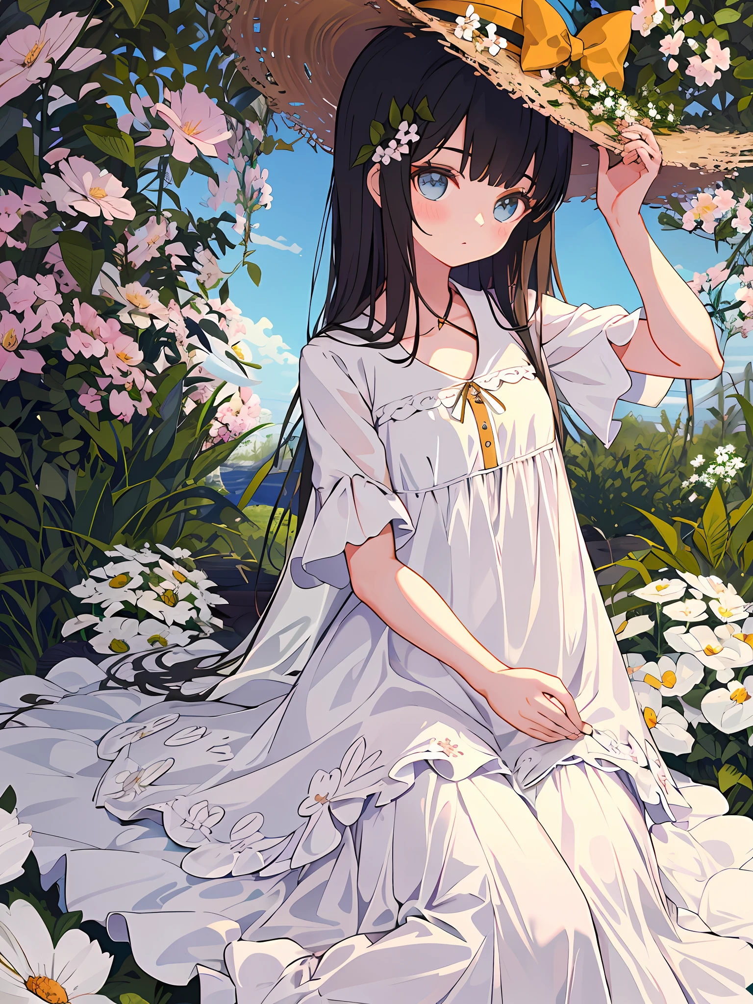 Masterpiece, best quality, girl in soft clothes, girl looking at the endless flower field