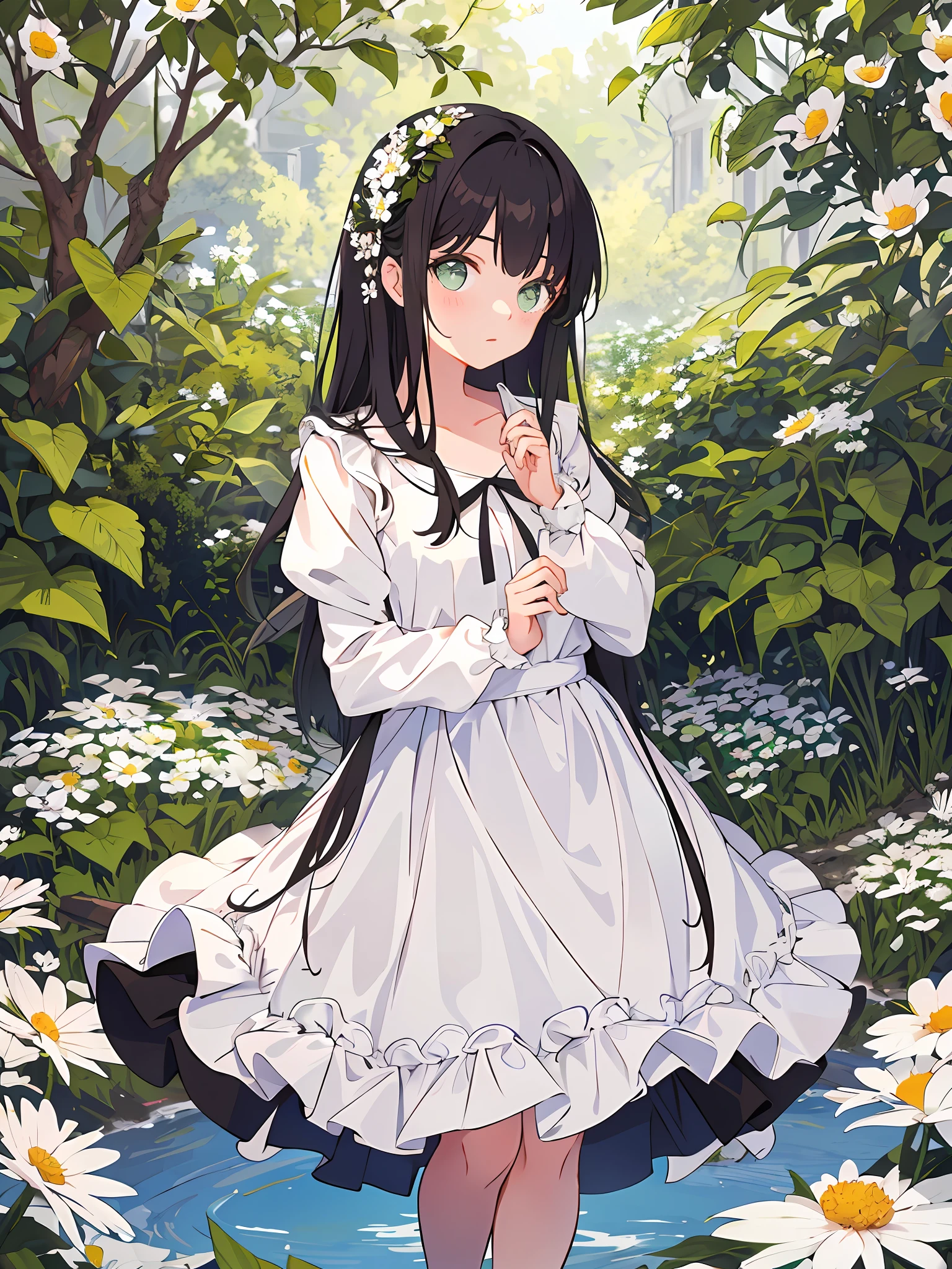 Masterpiece, best quality, girl in soft clothes, girl looking at the endless flower field