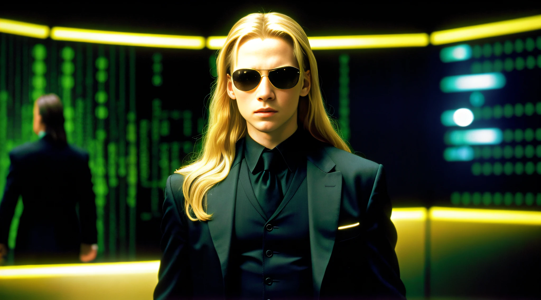 A closeup of a boy with long blonde hair, in a suit and sunglasses in front of a wall of televisions, in the new Matrix movie, Neo from The Matrix, Neo from The Matrix, in The Matrix, from The Matrix (1999), from The Matrix (1 9 9 9 9 ), Matrix Film Pinterest Color, Matrix Film Color, The Matrix, Matrix Movie Color grading