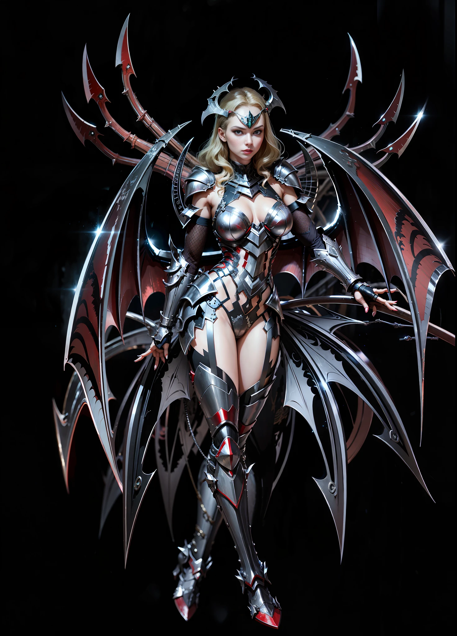 High quality, a woman in armor, red eyes, vintage gorgeous armor, metallic texture, bat wing-like metal on the back, 8K, realism, correct anatomy, perfect limbs, perfect fingers, background blur, soft light