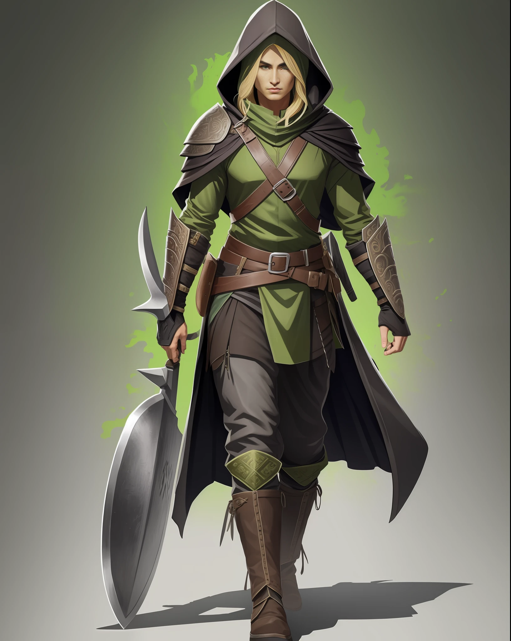 (highly detailed illustration:1.2), best quality, masterpiece, solo, full body, detailed face, detailed eyes, yellow eyes, walking upright, solid background, Leather armor, dark green cloak, hood up, green face, brown leather boots, female, female orc, orc, 1 person, medieval period, no background, holding axe, battle-axe, green skin, tusks, grey travelers pants, black shirt, tusks, one weapon