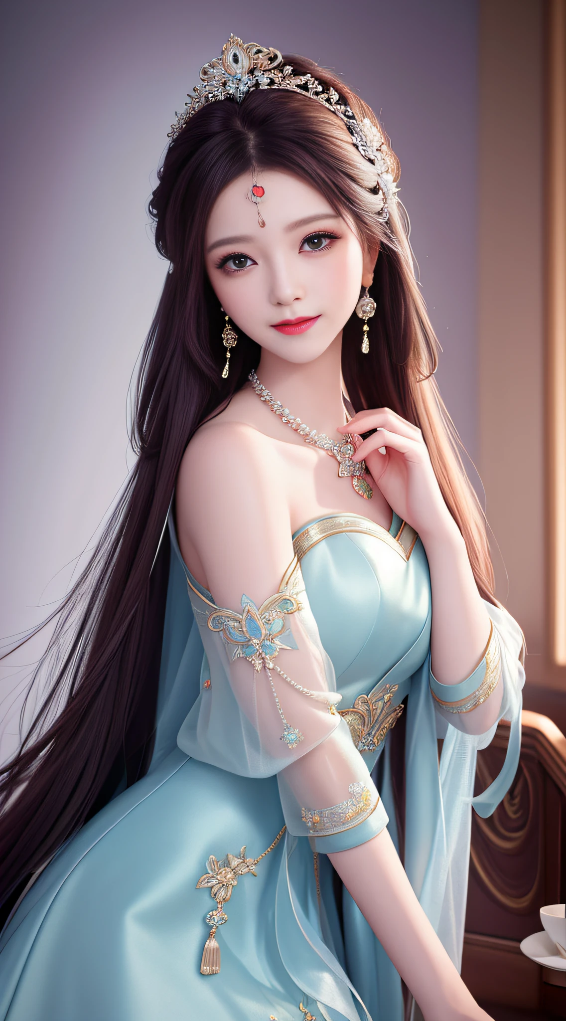 Best quality, masterpiece, high resolution, 1girl, clear silk porcelain dress, beautiful face, hair accessories, looking at the audience, smiling, close your mouth, lips, dress, hair accessories, necklaces, jewelry, long hair, earrings, beautiful face, on the body, Tindal effect, realism, dark studio, edge lighting, two-tone lighting, (high detail skin: 1.2), 8k UHD, DSLR, soft light, high quality, volumetric lighting, photo, high resolution 4K, 8k, blurred background