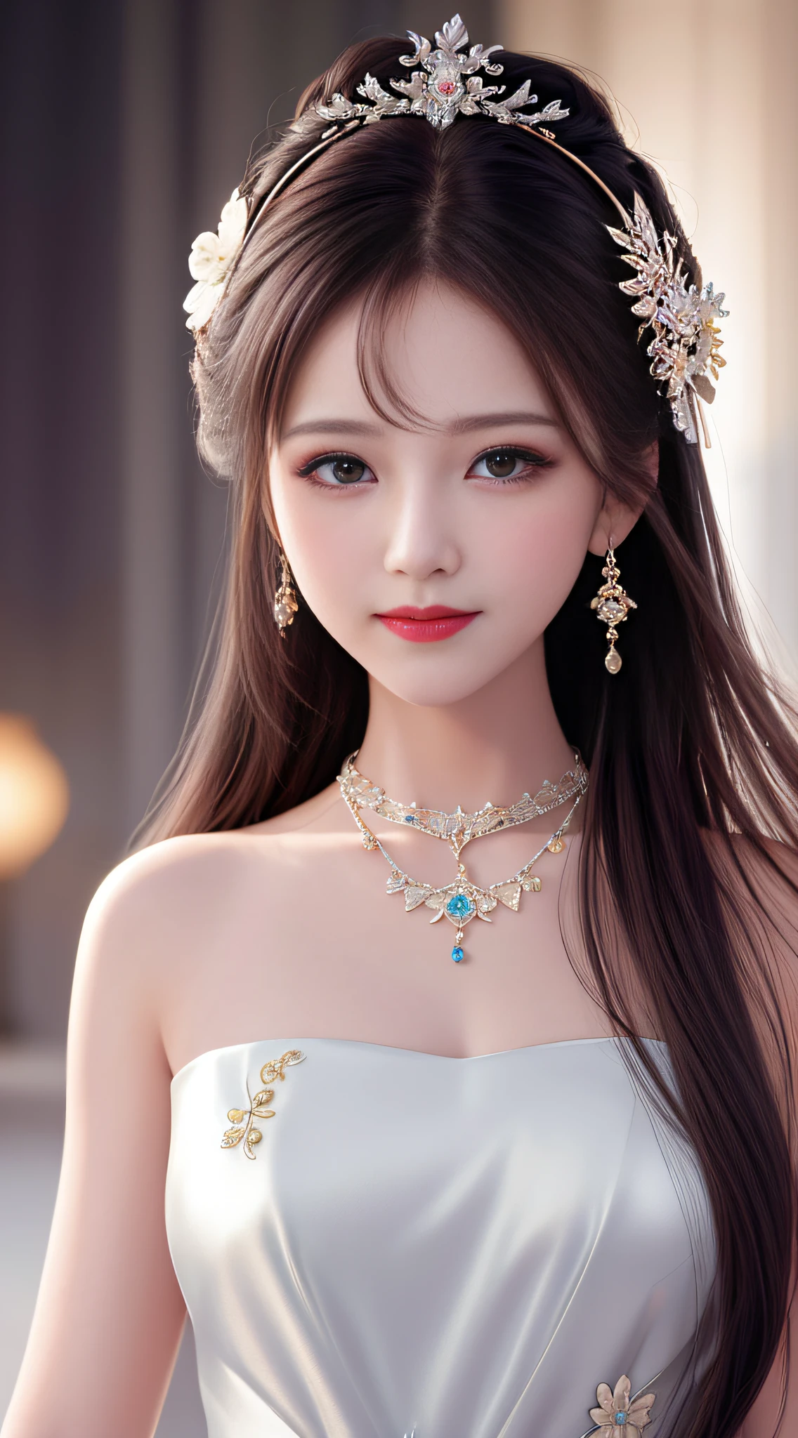 Best quality, masterpiece, high resolution, 1girl, clear silk porcelain dress, beautiful face, hair accessories, looking at the audience, smiling, close your mouth, lips, dress, hair accessories, necklaces, jewelry, long hair, earrings, beautiful face, on the body, Tindal effect, realism, dark studio, edge lighting, two-tone lighting, (high detail skin: 1.2), 8k UHD, DSLR, soft light, high quality, volumetric lighting, photo, high resolution 4K, 8k, blurred background