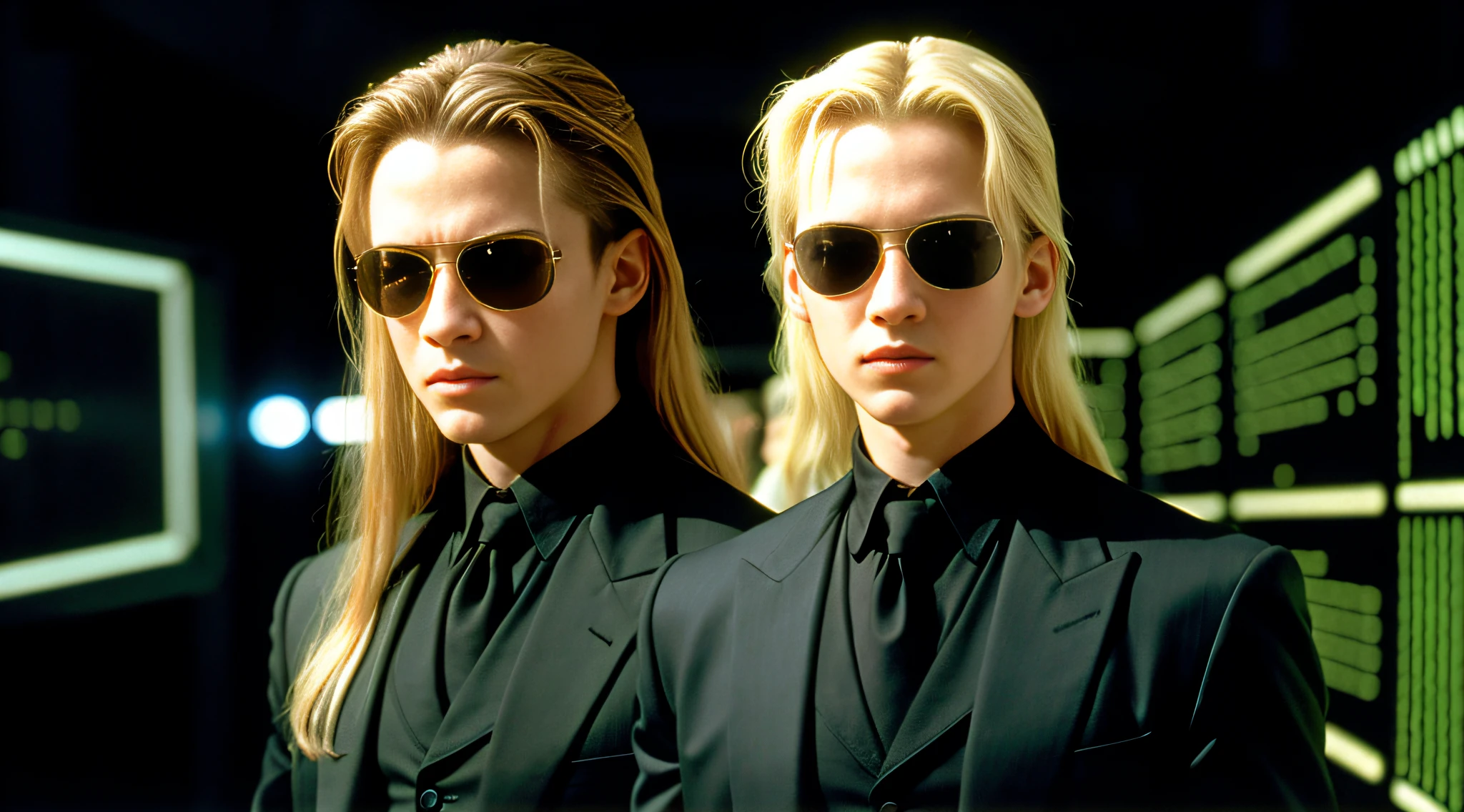 A closeup of a child boy with long blonde hair, in a suit and sunglasses in front of a wall of televisions, in the new Matrix movie, Neo of The Matrix, Neo of The Matrix, in The Matrix, of The Matrix (1999), of The Matrix (1 9 9 9 ), Matrix Film Pinterest Color, Matrix Film Color, The Matrix, Matrix Movie Color grading