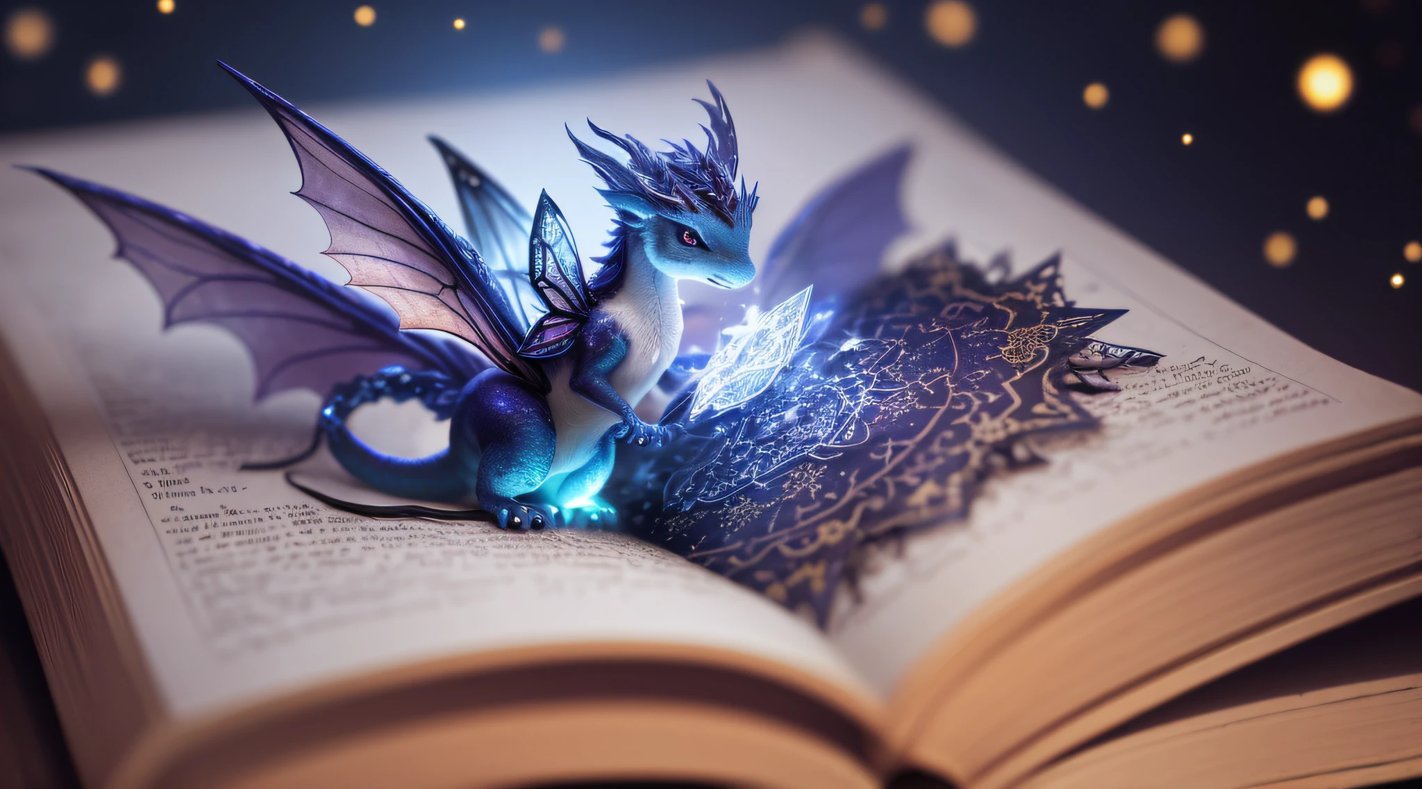 clean background, depth of field, large aperture, photography, night, small stars, open enchanted book with magical creatures coming out from within, small dragons, small fairies, magic, halo, dramatic atmosphere, center, rule of thirds, 200mm 1.4f macro shot