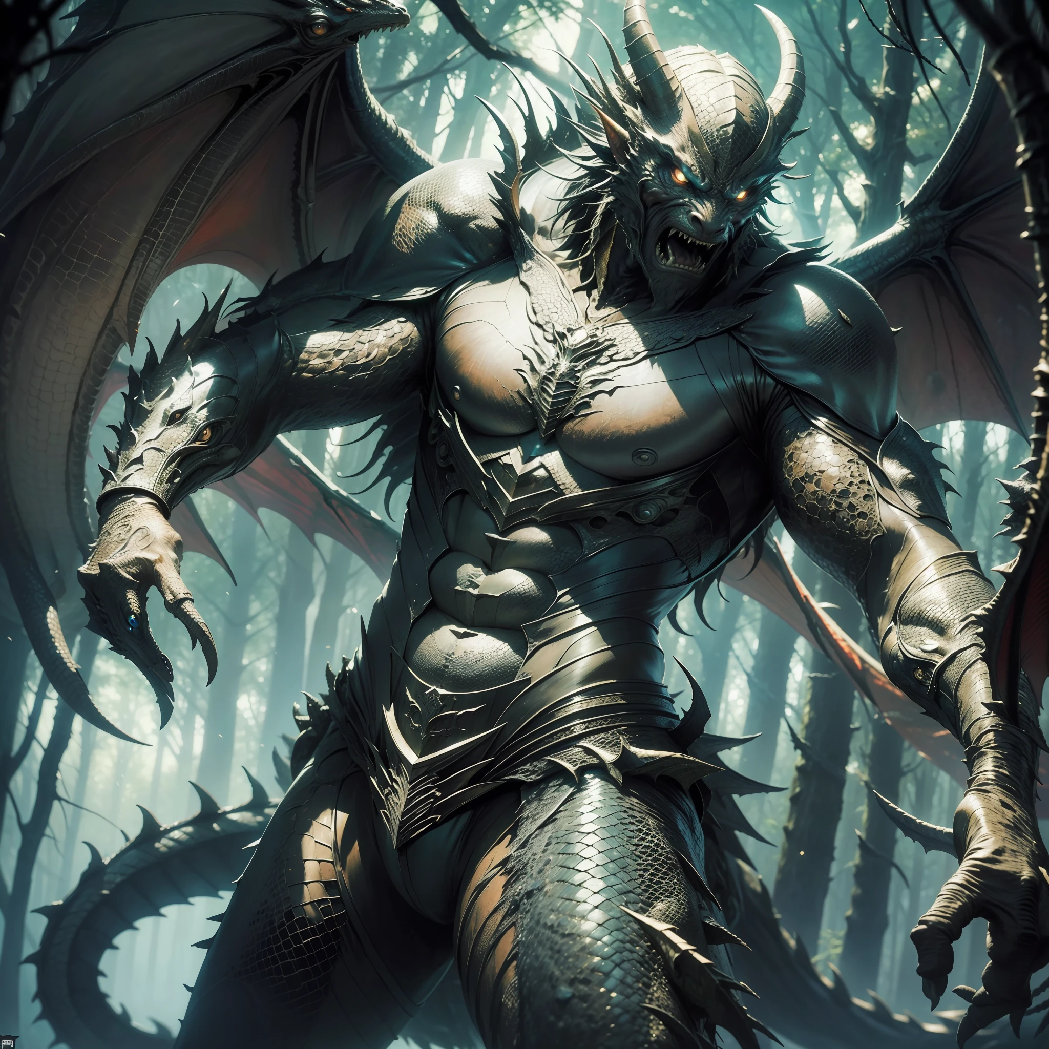((realistic: 1.5)),((best quality)), ((masterpiece)),((detailed)), man, black skin color, monstrous appearance, animalistic, scales on skin, dragon wings, dragon tail, animalistic, angry face, forest at night