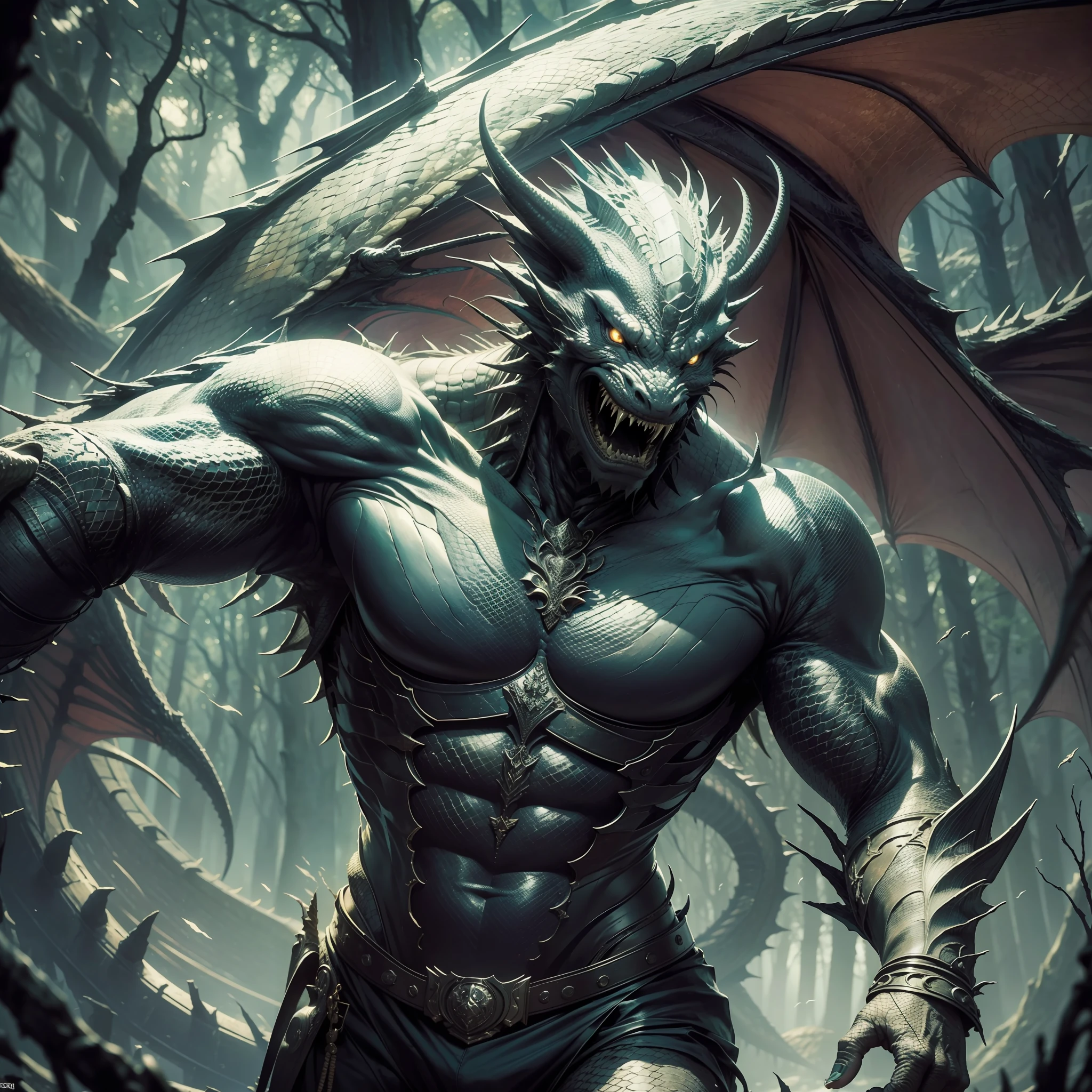 ((realistic: 1.5)),((best quality)), ((masterpiece)),((detailed)), man, black skin color, monstrous appearance, animalistic, scales on skin, dragon wings, dragon tail, animalistic, angry face, forest at night