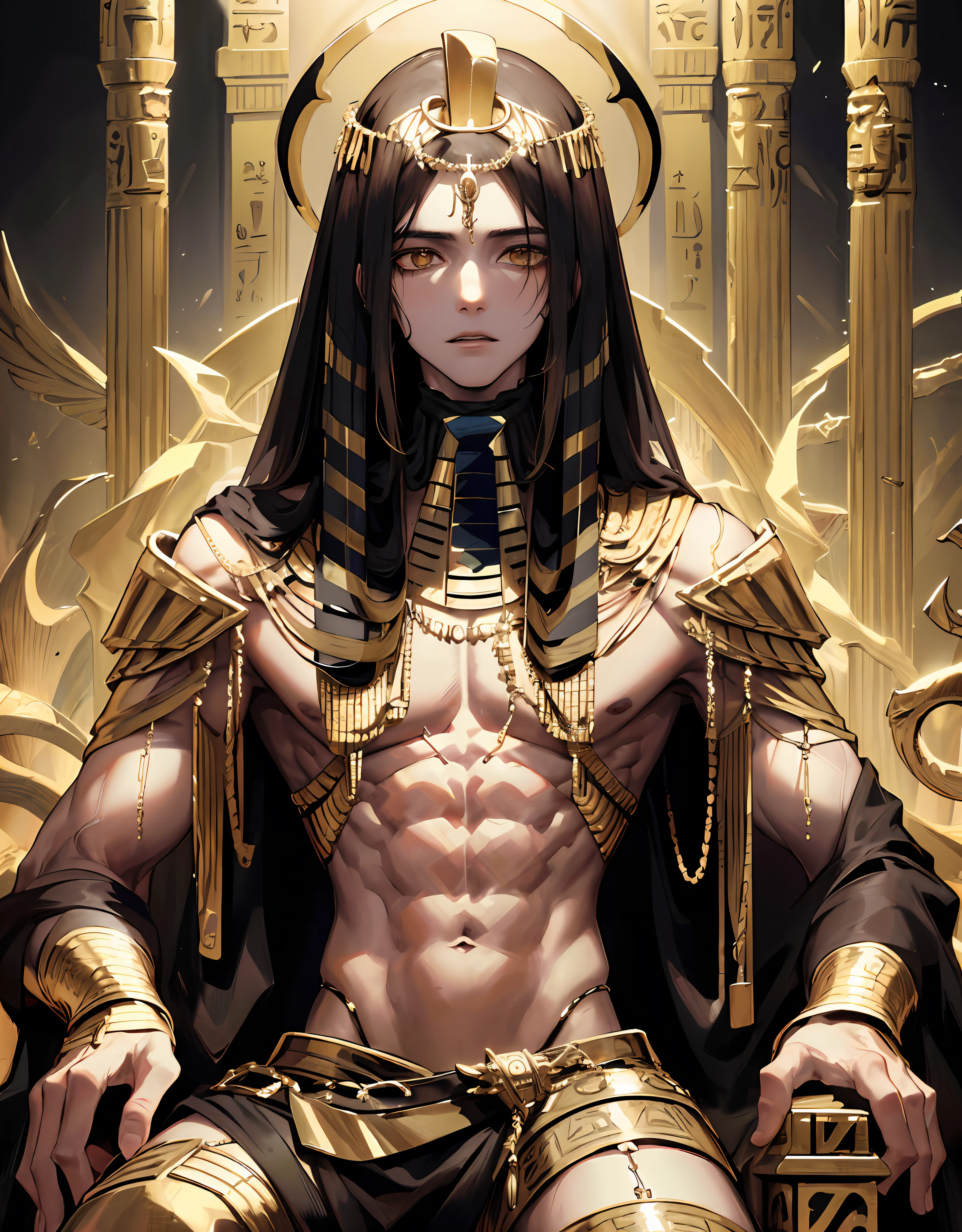 Osiris, King of the Egyptian Underworld, Pharaoh of Egypt, God of the Underworld, Lord of the Underworld, Inquisitor of Death, associated with a good harvest, symbolizing hope and light, ((1 )), tough guy, majesty, strong body, muscular, sitting on a throne, brown curls, abs, pale skin, (many fine Egyptian ornaments), Egyptian style, perfect flesh full of texture, natural rendering, captivating visual enjoyment, ((best quality)), (epic lighting), ((masterpiece)), half, Maximum clarity, illustrations, (super detailed face), clear textures, ultra HD detail display, excellent image performance, high quality illustrations, perfect fit harmonious tones, deep lines, precise brush strokes, wonderful color scheme, complex details
