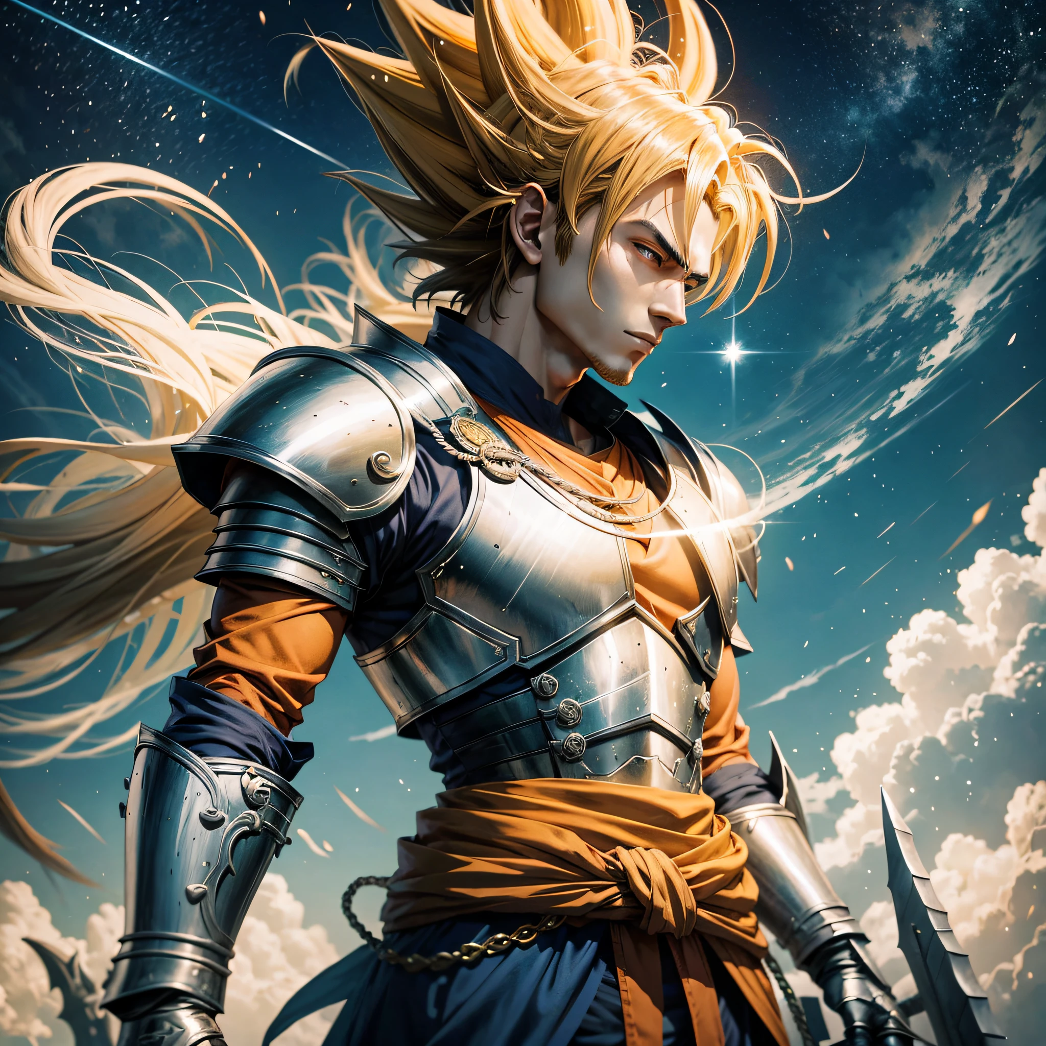 Anime - style image of a man in armor with a sword, super sayajin, portrait of a male hero, anime badass 8 k, portrait of male paladin, 2. 5 D CGI anime fantasy art, portrait knights of zodiac knight, beautiful paladin, knights of zodiac girl, paladin image