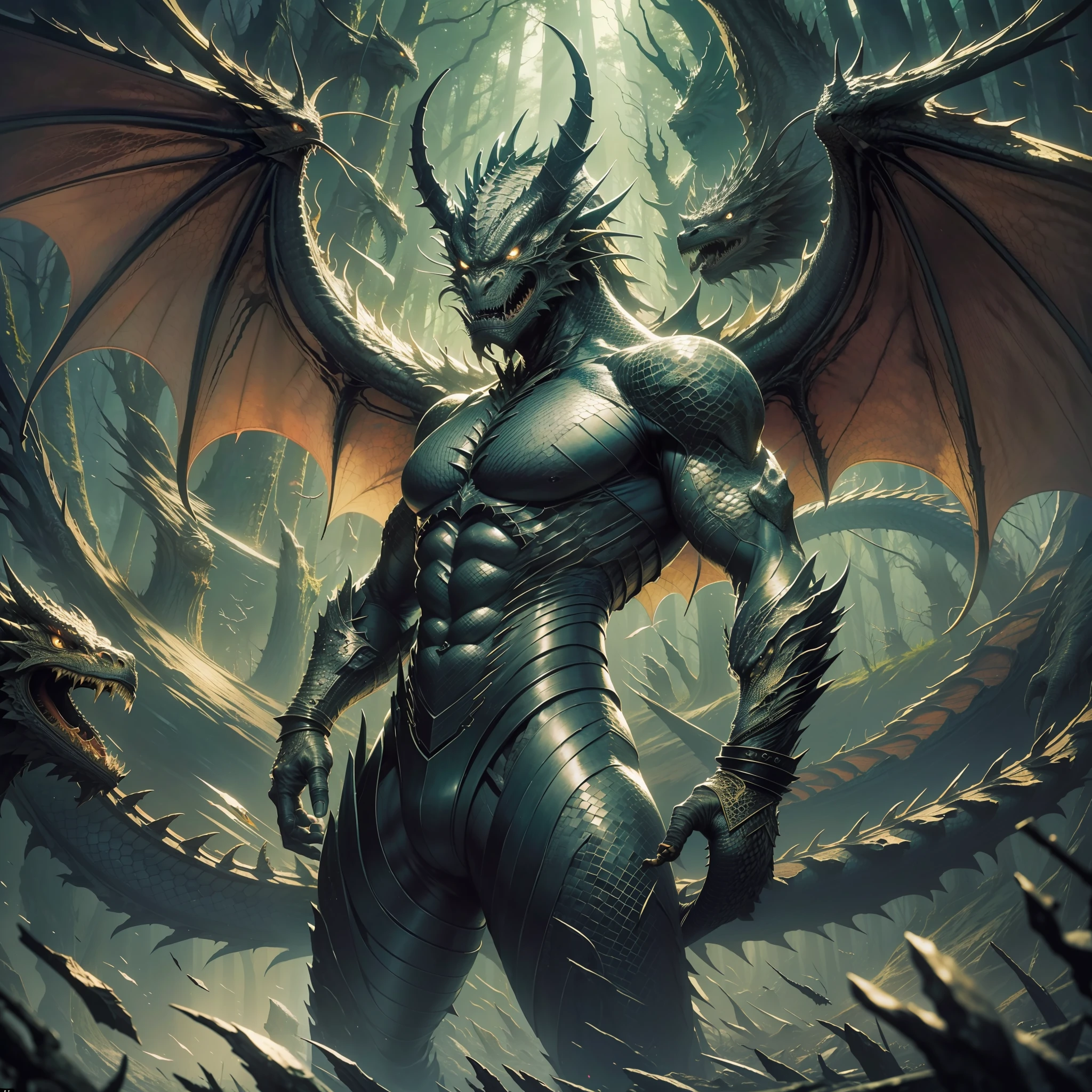 ((realistic: 1.5)),((best quality)), ((masterpiece)),((detailed)), man, black skin color, monstrous appearance, animalistic, scales on skin, dragon wings, animalistic, angry face, forest at night