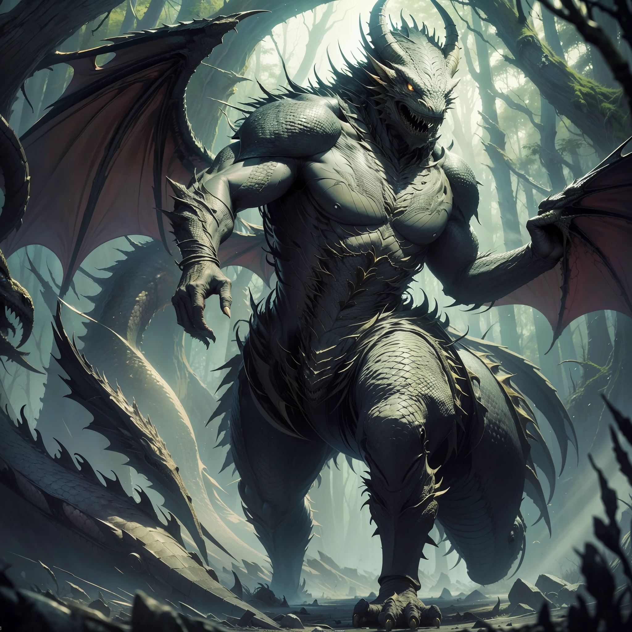 ((realistic: 1.5)),((best quality)), ((masterpiece)),((detailed)), man, black skin color, monstrous appearance, animalistic, scales on skin, dragon wings, animalistic, angry face, forest at night