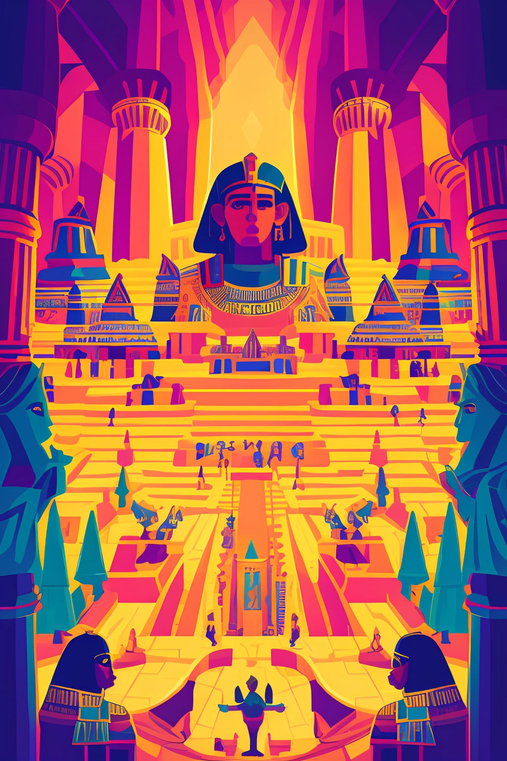 Poster of Egyptian king standing in pyramid|centered| visual key | intricate | highly detailed| Breathtaking| Precise Lineart| vibrant| panorâmico| cinematic| Meat Griffiths| Conrad Roset