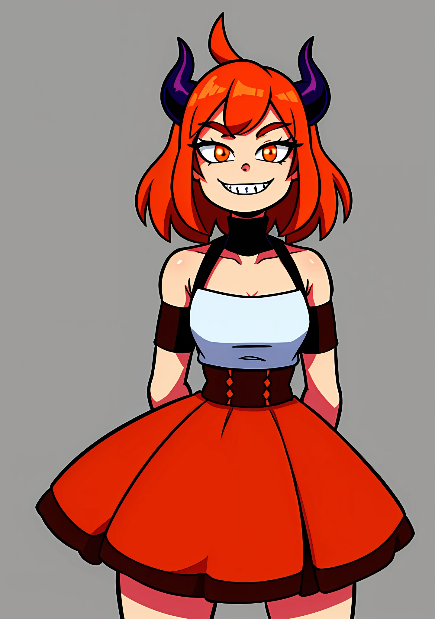 1girl, Masterpiece, detailed, highres, wafuku, orange eyes, medium hair, small demon horns, sharp teeth, evil smile, orange hair, standing, arms on back, background, looking at viewer, simple background, solo, Alone