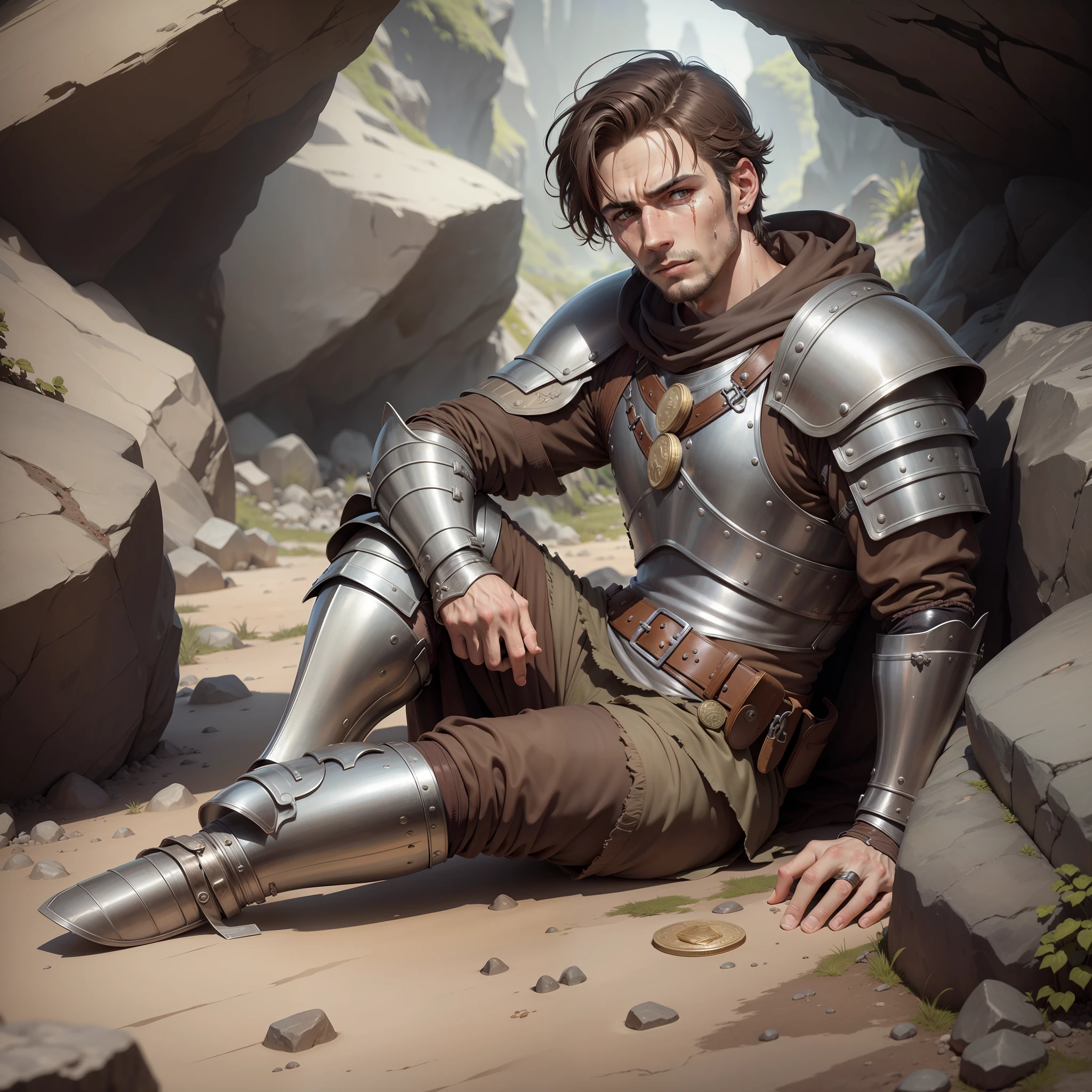 Ultra realistic image of a man with short, brown hair, wounded, dirty face, dressed in medieval armor, holding a large coin, puzzled expression, sitting in a rocky cave