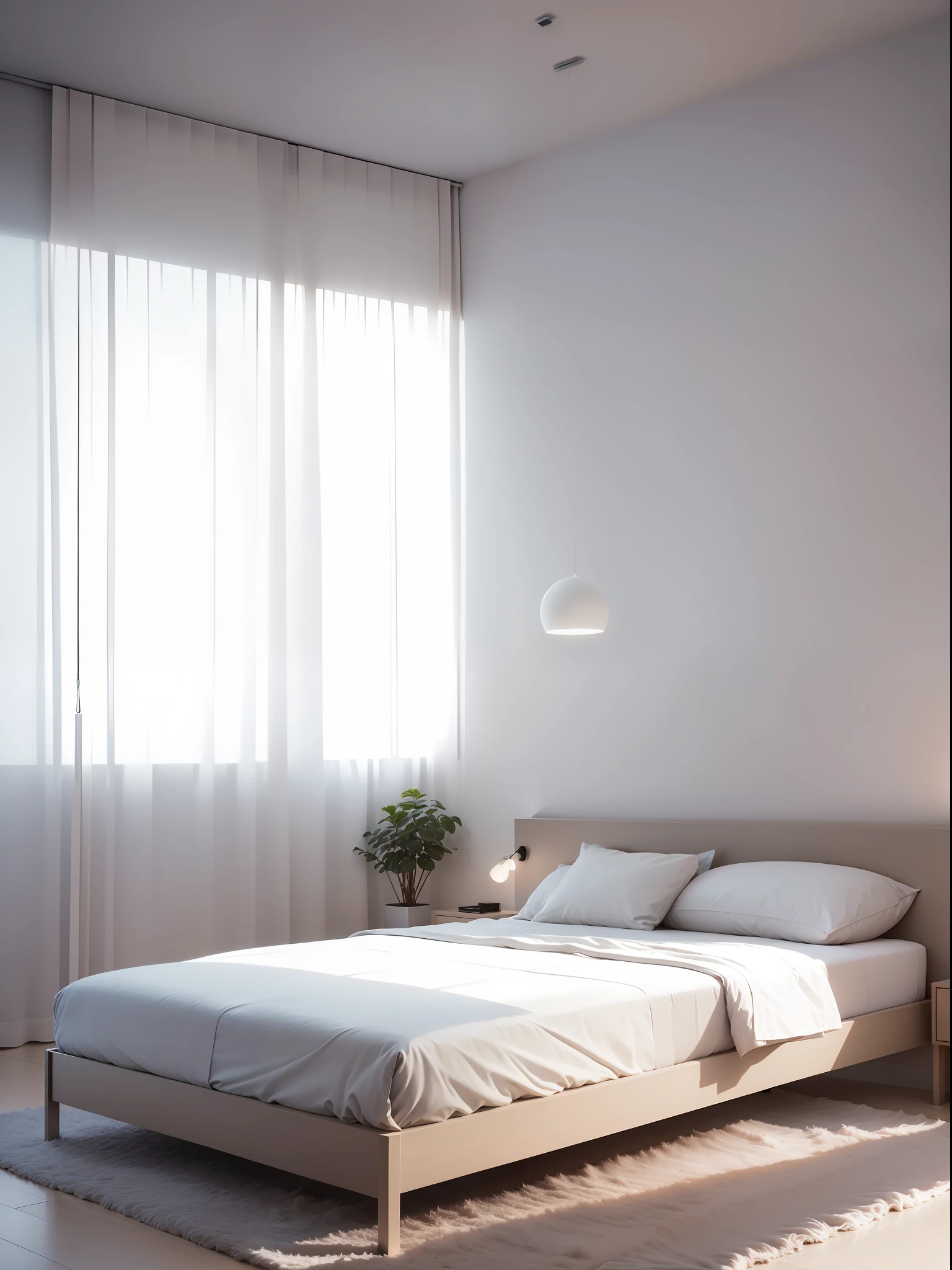 minimalist, bedroom, (diagonal lens), (decolored), white model, high resolution, minimalist bed, interior, curtains, suspended ceiling, --auto --s2