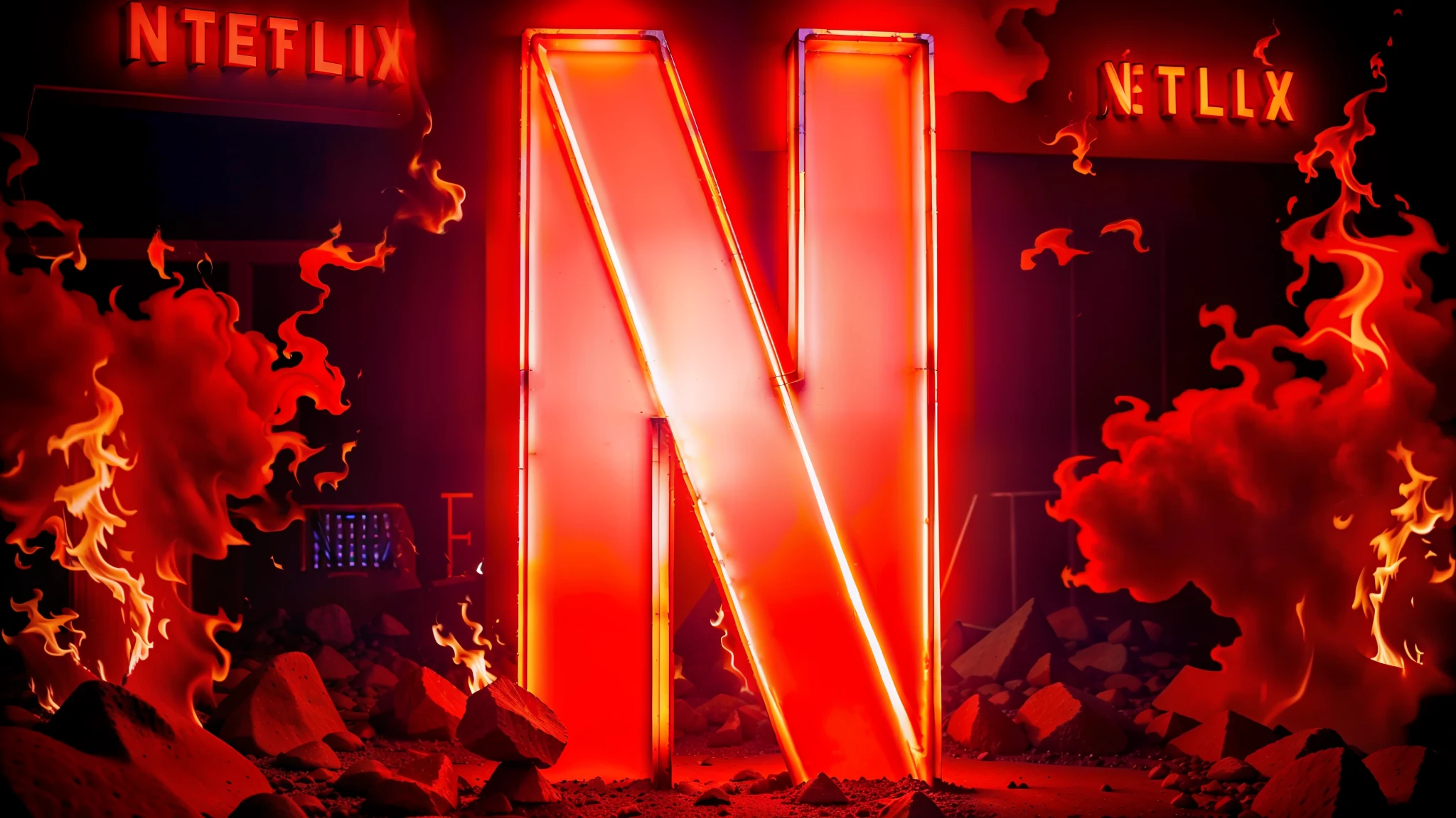 A closeup of a red letter N on a burning background of yellow fire, big bright Netflix logo behind, Netflix Animation, Netflix, Netflix Trese, Netflix Arcane, Netflix logo, on Netflix, Netflix Neon Logo Concept Art, Netflix Series, Fire Background, Netflix Series, Netflix Series, , Arcane, ❤🔥🍄🌪 Netflix Arcane