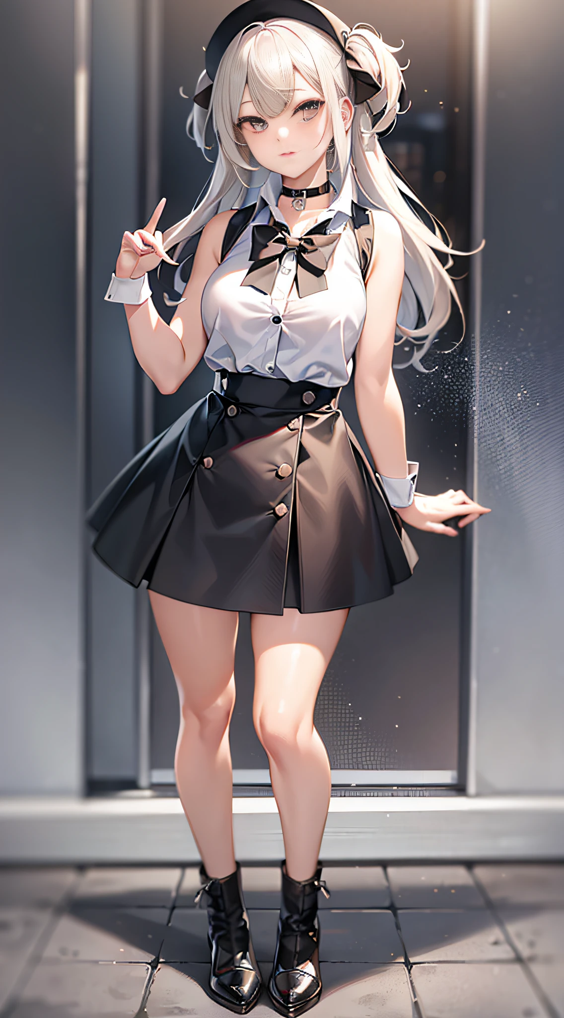 best quality, ultra high res, 1girl, sleeveless white button shirt, black skirt, black choker, cute, (Kpop idol), (aegyo sal:1), (platinum blonde hair:1), ((puffy eyes)), looking at viewer, full body, facing front