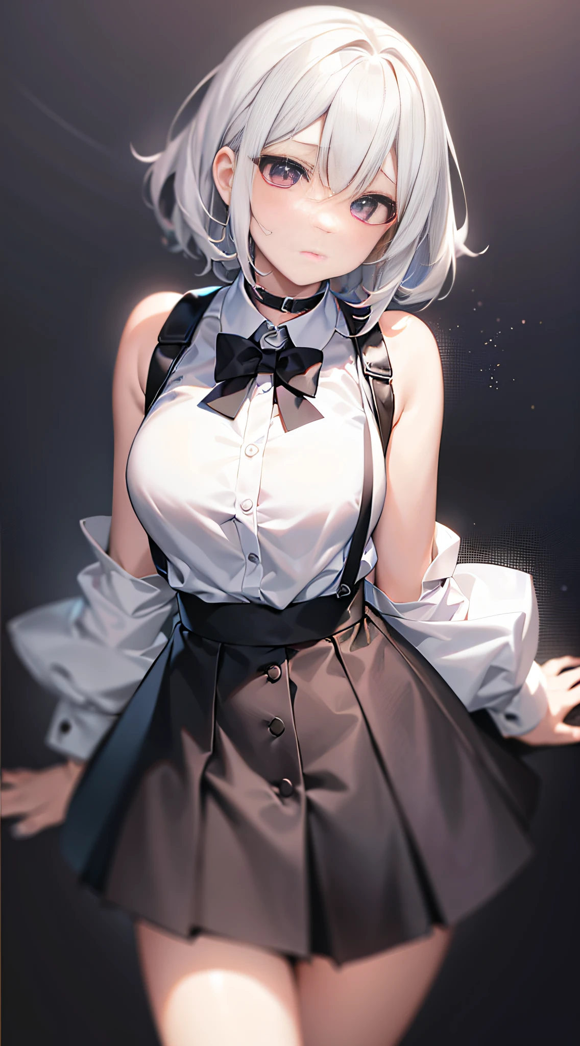 best quality, ultra high res, 1girl, sleeveless white button shirt, black skirt, black choker, cute, (Kpop idol), (aegyo sal:1), (platinum blonde hair:1), ((puffy eyes)), looking at viewer, full body, facing front