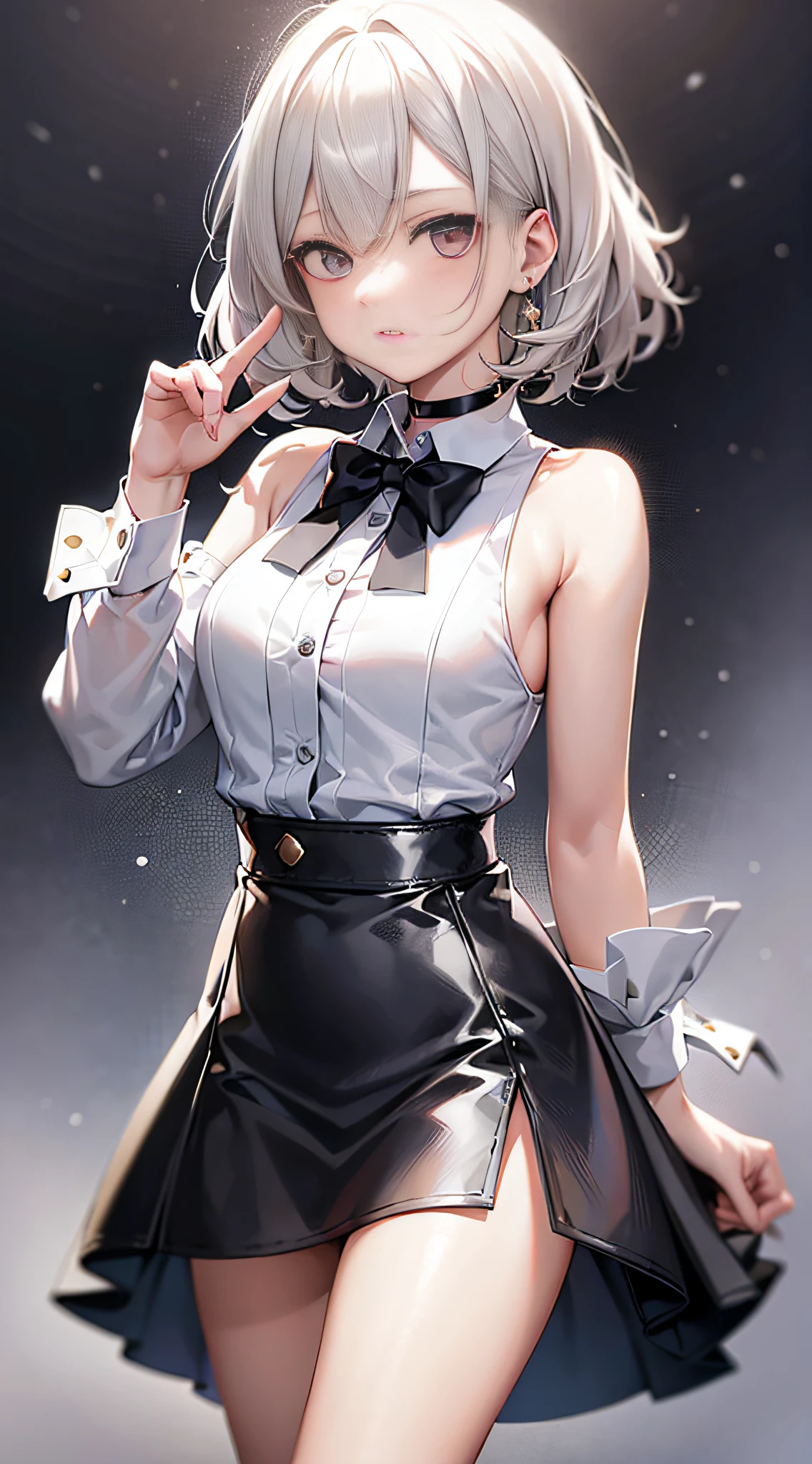 best quality, ultra high res, 1girl, sleeveless white button shirt, black skirt, black choker, cute, (Kpop idol), (aegyo sal:1), (platinum blonde hair:1), ((puffy eyes)), looking at viewer, full body, facing front