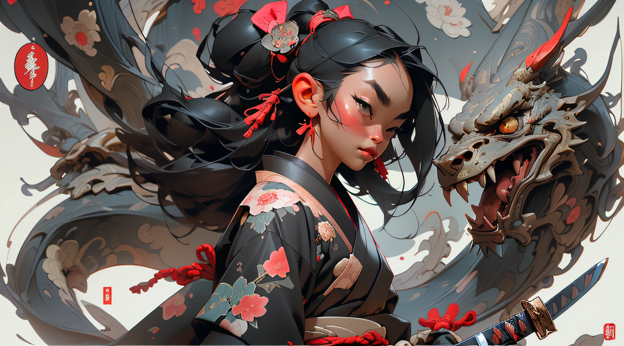 ((Best Quality)), ((Masterpiece)), ((Realistic)) and ultra-detailed photography of a samurai girl . wearing kimono, straight black hair, Asian Japanese race, katana on the right side,