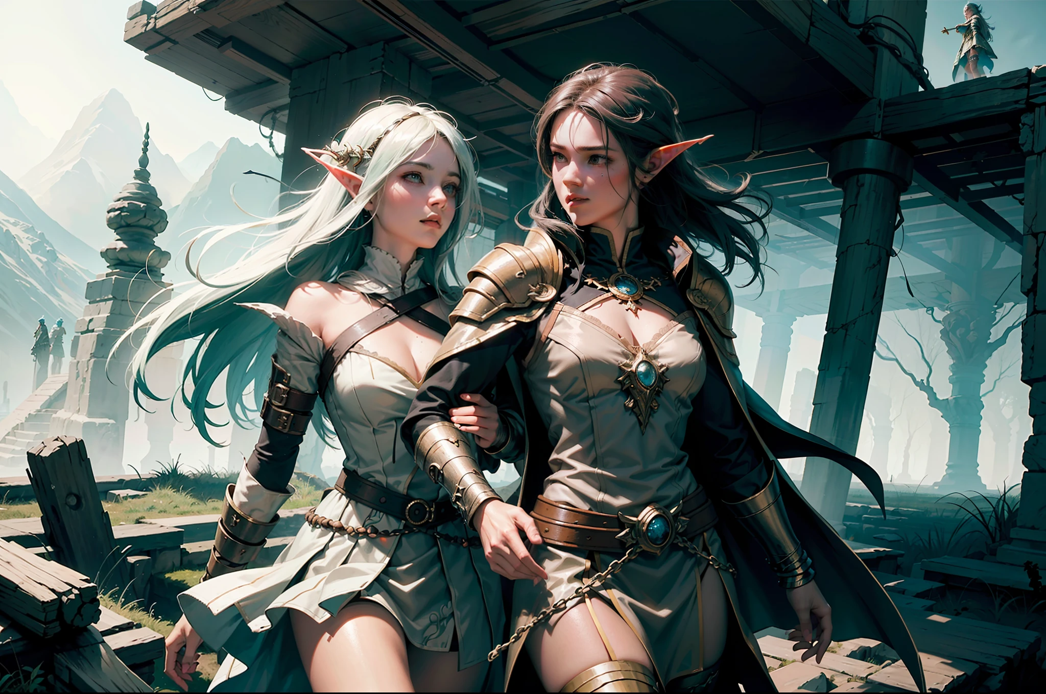 ((Best quality)), ((masterpiece)), (highly detailed:1.3)3D,tanjoreai , Amidst a realm of enchantment and mythical wonders, tales of (heroes:1.1) and (heroines:1.2) unfold. In this realm, ancient prophecies foretell the rise of a chosen champion destined to confront a malevolent force threatening to plunge the world into eternal darkness. The path to victory lies scattered across exotic and otherworldly landscapes, from mist-shrouded forests to towering crystalline peaks and (ethereal floating islands:1.1).Harnessing the arcane arts, (mighty wizards:1.1) conjure spells that weave intricate patterns of magic, while (elven archers:1.1) unleash arrows infused with ancient power. (Dwarven smiths craft legendary weapons:1.1) imbued with the essence of mythical creatures, capable of vanquishing even the most formidable foes.The heroes embark on a perilous quest, guided by ancient scrolls and cryptic riddles. Along their journey, they encounter wise mystics, shape-shifting creatures, and (mysterious sorceresses:1.1) who possess forbidden knowledge.As the heroes traverse the realms, ancient ruins and forgotten temples reveal long-lost secrets and powerful artifacts. The clash of steel and the crackling of (magical energies:1.1) echo through ancient battlegrounds, as the destiny of the world hangs in the balance. The heroes must summon unwavering courage, unwavering unity, and unlock their true potential to overcome seemingly insurmountable odds and fulfill their heroic destinies.In this realm of high fantasy, where the realms of magic and technology intertwine, where legends are born and (epic:1.2) sagas unfold, where heroes rise and villains fall, embark on a grand adventure that will captivate the imagination and transport you to a world where anything is possible,HDR (High Dynamic Range),Ray Tracing,NVIDIA RTX,Super-Resolution,Unreal 5,Subsurface scattering,PBR Texturing,Post-processing,Anisotropic Filtering,Depth-of-field,Maximum clarity and sharpness,Multi-layered textu