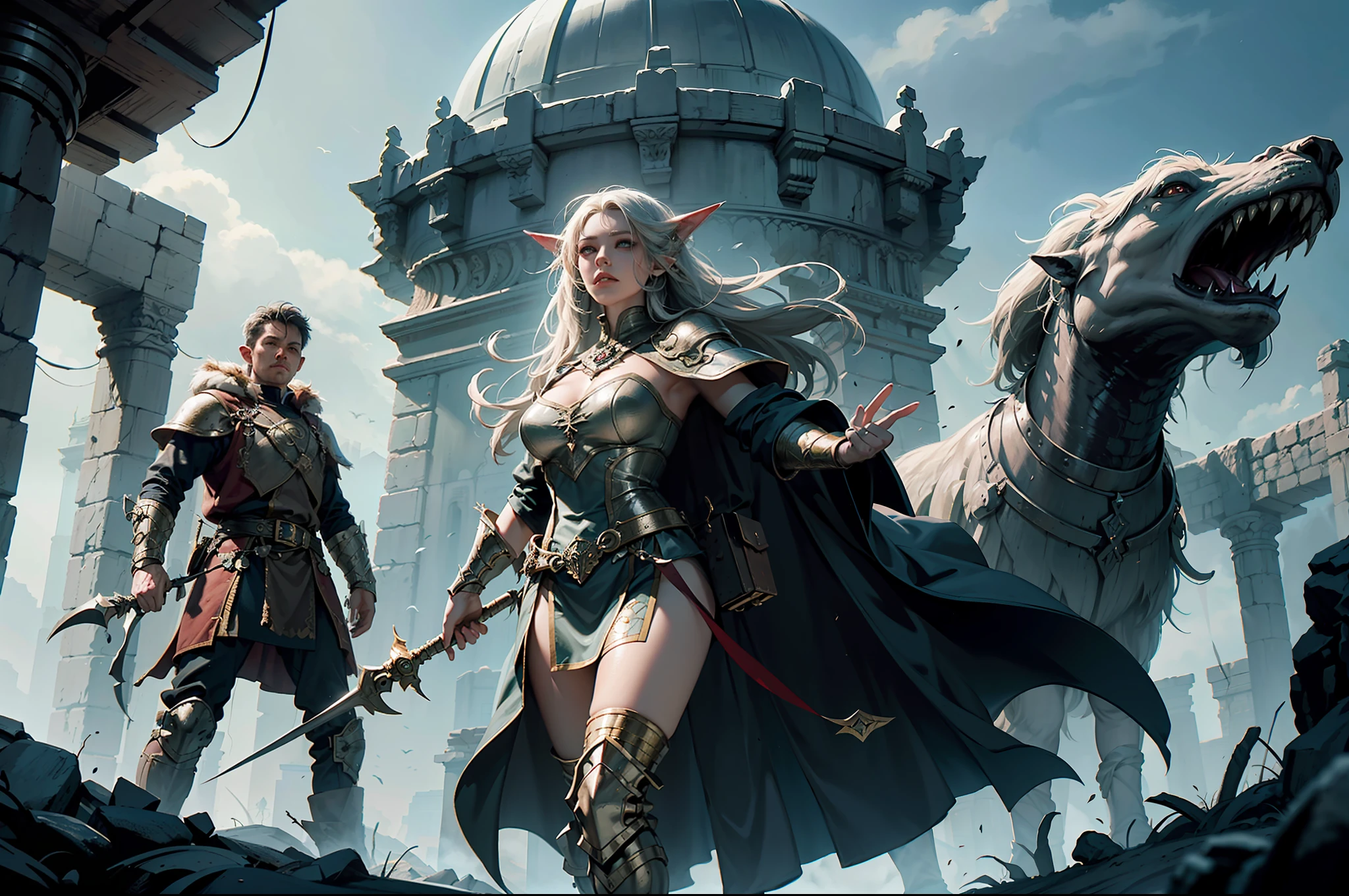 ((Best quality)), ((masterpiece)), (highly detailed:1.3)3D,tanjoreai , Amidst a realm of enchantment and mythical wonders, tales of (heroes:1.1) and (heroines:1.2) unfold. In this realm, ancient prophecies foretell the rise of a chosen champion destined to confront a malevolent force threatening to plunge the world into eternal darkness. The path to victory lies scattered across exotic and otherworldly landscapes, from mist-shrouded forests to towering crystalline peaks and (ethereal floating islands:1.1).Harnessing the arcane arts, (mighty wizards:1.1) conjure spells that weave intricate patterns of magic, while (elven archers:1.1) unleash arrows infused with ancient power. (Dwarven smiths craft legendary weapons:1.1) imbued with the essence of mythical creatures, capable of vanquishing even the most formidable foes.The heroes embark on a perilous quest, guided by ancient scrolls and cryptic riddles. Along their journey, they encounter wise mystics, shape-shifting creatures, and (mysterious sorceresses:1.1) who possess forbidden knowledge.As the heroes traverse the realms, ancient ruins and forgotten temples reveal long-lost secrets and powerful artifacts. The clash of steel and the crackling of (magical energies:1.1) echo through ancient battlegrounds, as the destiny of the world hangs in the balance. The heroes must summon unwavering courage, unwavering unity, and unlock their true potential to overcome seemingly insurmountable odds and fulfill their heroic destinies.In this realm of high fantasy, where the realms of magic and technology intertwine, where legends are born and (epic:1.2) sagas unfold, where heroes rise and villains fall, embark on a grand adventure that will captivate the imagination and transport you to a world where anything is possible,HDR (High Dynamic Range),Ray Tracing,NVIDIA RTX,Super-Resolution,Unreal 5,Subsurface scattering,PBR Texturing,Post-processing,Anisotropic Filtering,Depth-of-field,Maximum clarity and sharpness,Multi-layered textu
