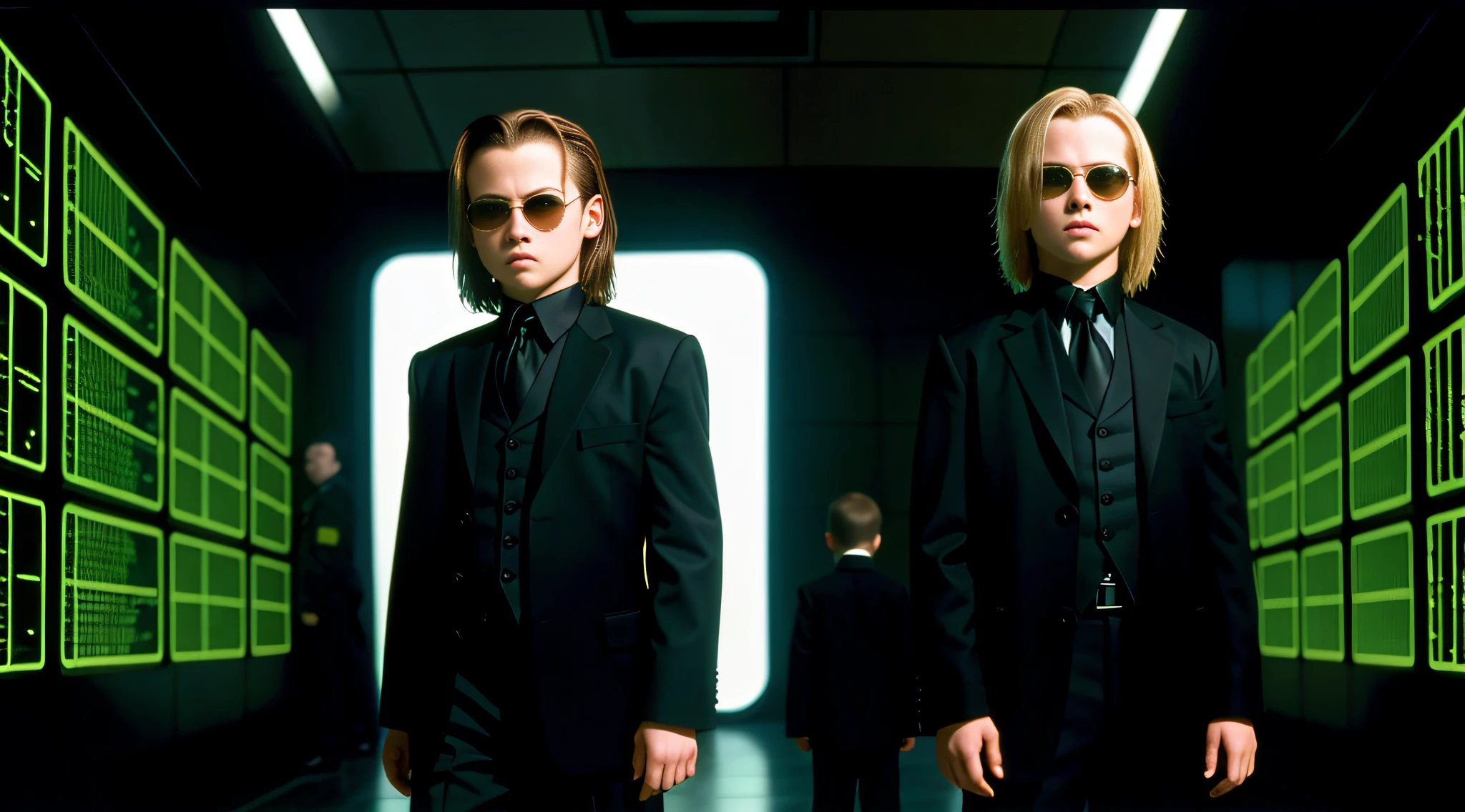 A closeup of a 10-year-old Russian child boy, with long blonde hair, in a suit and sunglasses in front of a wall of televisions, in the new Matrix movie, Neo of Matrix, Neo of Matrix, in Matrix, of Matrix (1999), of Matrix ( 1 9 9 9 ), Matrix Film Pinterest Color, Matrix Film Color,  The Matrix, Matrix Movie Color grading