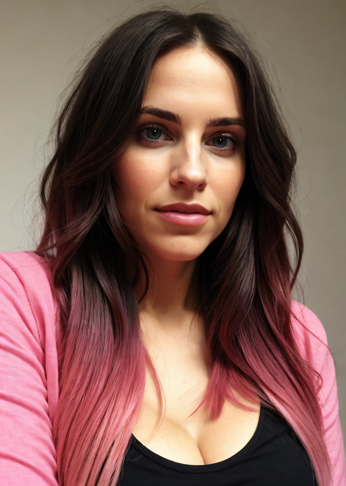 taken with iphone camera BREAK medium shot selfie of a pretty mature woman BREAK (ombre:1.3) brunete pink BREAK film grain, medium quality