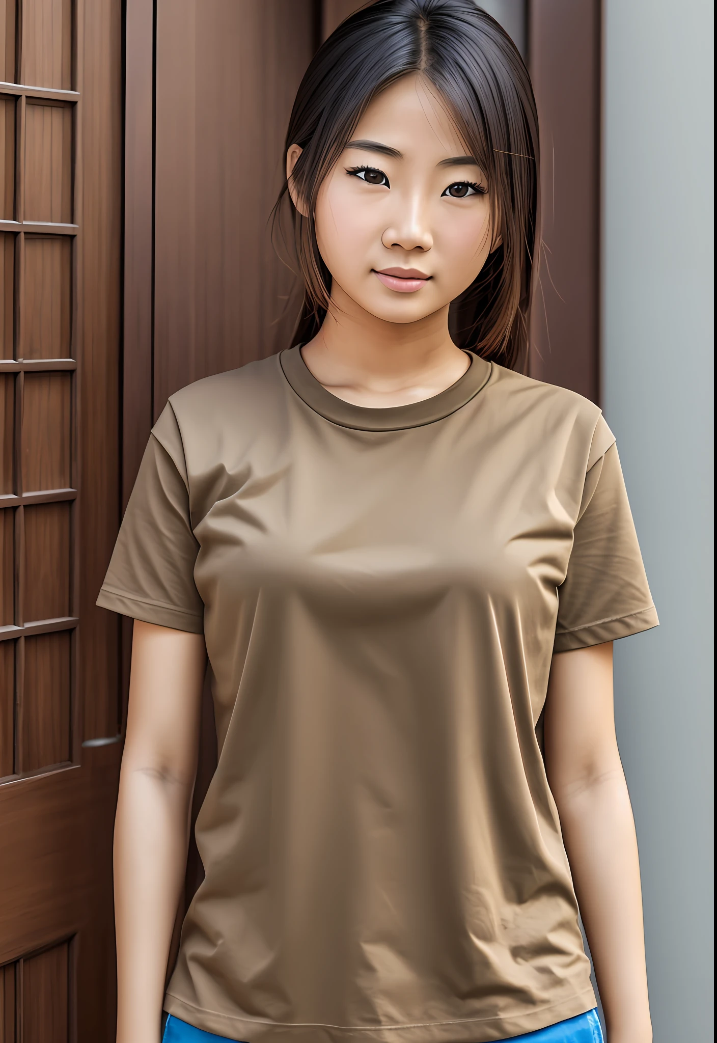 asian female, wearing t-shirt, brown hair, standing at the door, photo realistic, ultra HD, clear facial features, canon EOS, cinematic mode --auto --s2