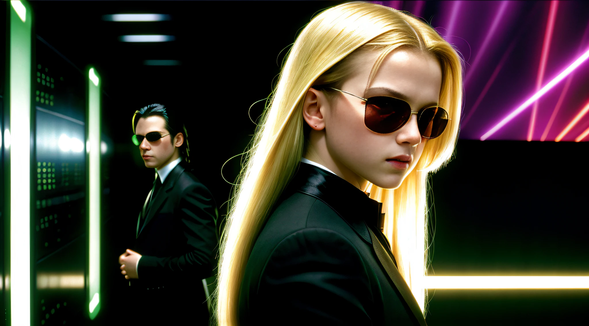 A closeup of a -yeld Ruan child girth long blonde hair, in a suit and sunglasses in front of a wall of televisions, in the new Matrix movie, Neo from The Matrix, Neo from The Matrix, in The Matrix, from The Matrix (1999), from The Matrix (1 9 9 9 9 ), Matrix Film Pinterest Color, Matrix Film Color, The Matrix, Matrix Movie Color grading