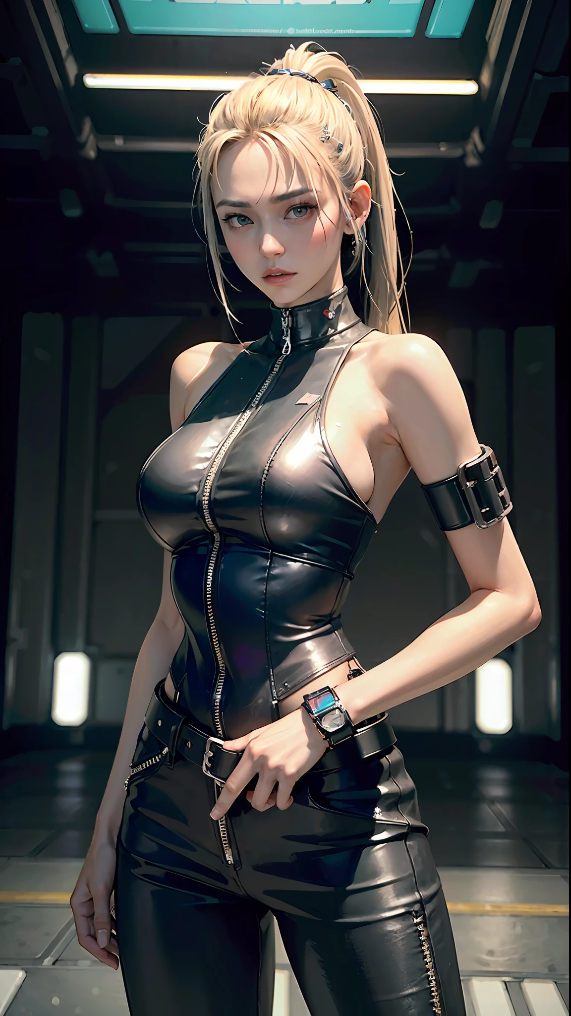 ((Best Quality)), ((Masterpiece)), (High Definition:1.3), 3D, Beautiful (Cyberpunk:1.3), Stylish woman looking at camera black leather clothes, sleeveless, embarrassed, skinless, blue-black leather pants, silver zipper,belt below the waist,super fine illustration, blond hair , showing forehead, silver center zipper, leather blue black bodysuit, sleevelesblue blacks, shiny, blonde ponytail