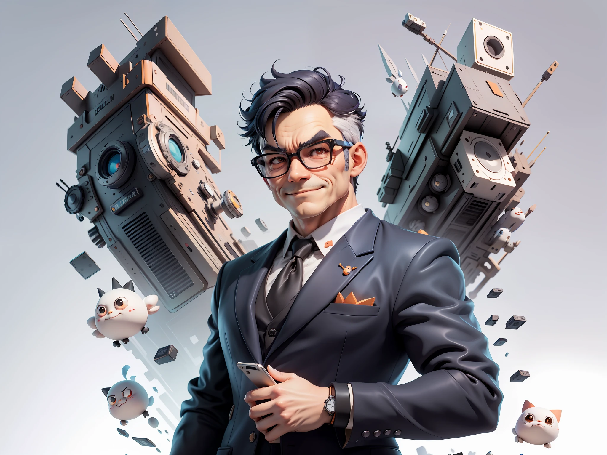 (Masterpiece), (Excellent), (Super Meticulous), (Full Body: 1.2), Super Young Man, Oriental Face, TV Anchor, Bust Portrait Illustration, Alone, Black Suit, Blue Tie, Silver Glasses, Slightly Chubby Face, Very Clean Face, No Beard, Black Super Short Hair, Black Eyes, Confident Smile, 3c Computer Sub-Products, iPad, iPhone, Digital Painting, 3D Character Design by Mark Clairen and Pixar and Hayao Miyazaki, the illustration is HD illustration in 4K resolution, With very detailed facial features and cartoon-style visuals.