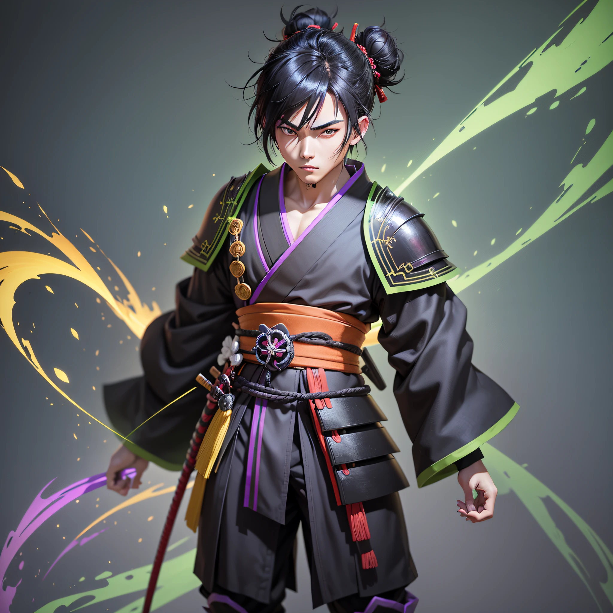 young boy, anime, black hair, samurai, black kimono with green detales, full body, 3d model, render, anime cel shading, blander, unreal engine 5, cartoon, fullbody, vibrant colors, league of legends splash art style, fire vfx green and purple, strong colors, saturation, vibrant, black background, boy, hair stuck with samurai bun and two locks of bangs