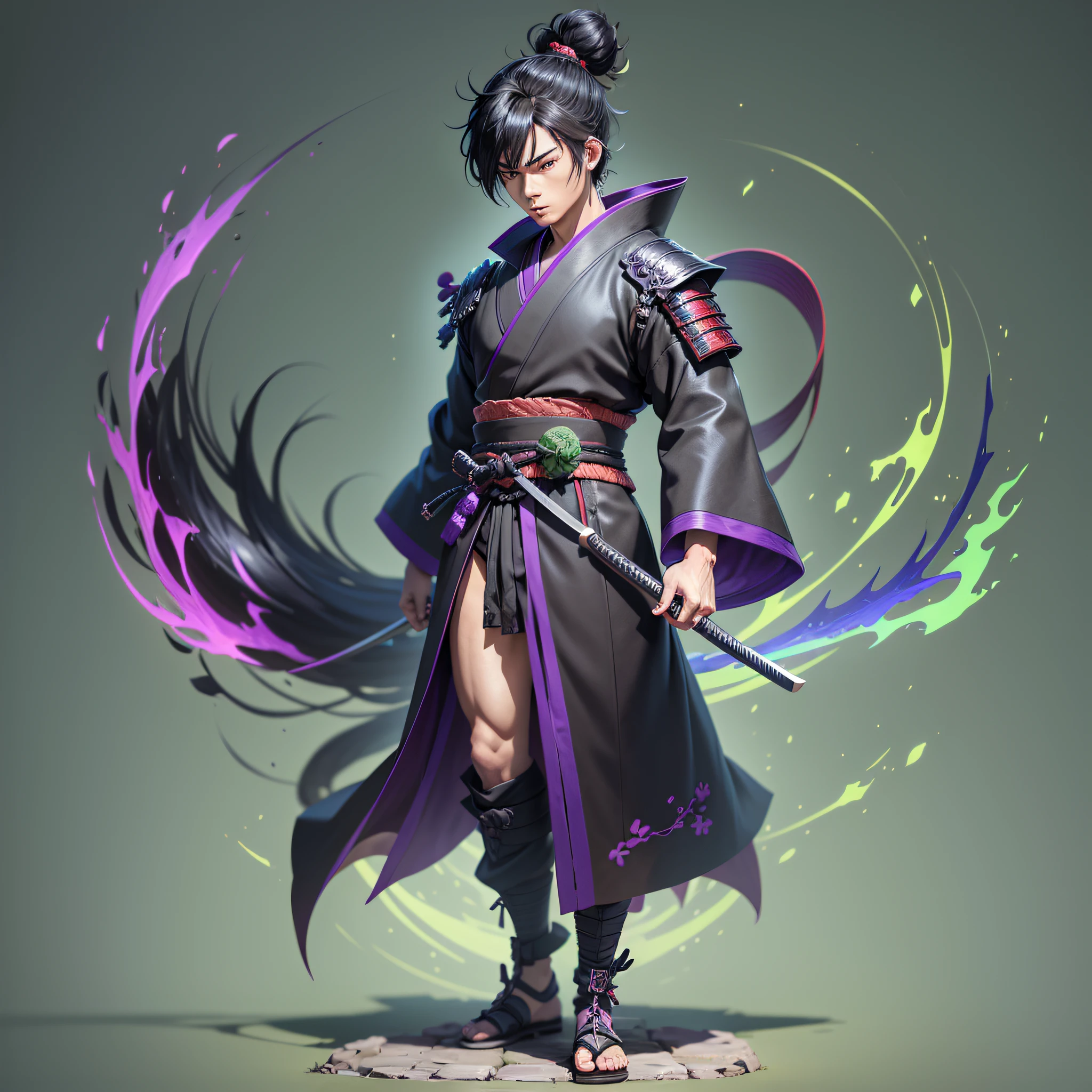 young boy, anime, black hair, samurai, black kimono with green detales, full body, 3d model, render, anime cel shading, blander, unreal engine 5, cartoon, fullbody, vibrant colors, league of legends splash art style, fire vfx green and purple, strong colors, saturation, vibrant, black background, boy, hair stuck with samurai bun and two locks of bangs