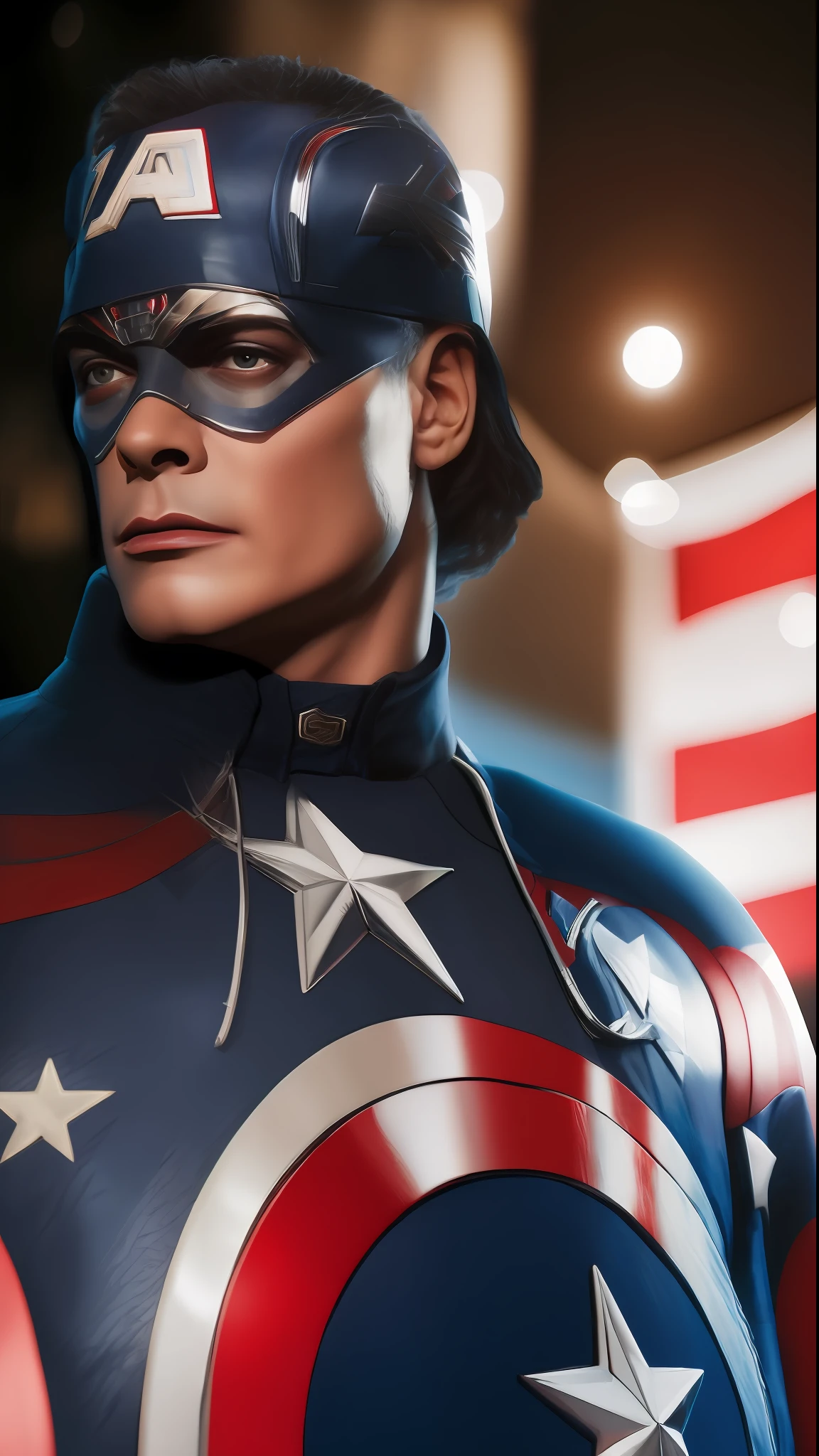 .. Tarantino style Michael Jackson as Captain America 8k, high resolution, detailed face, detailed face, detailed eyes, detailed suit, amazing and DC style, ultra-realistic, + cinematic shots + dynamic composition, incredibly detailed, sharp, detailed + amazing details + night with lights + perfectionism + award-winning realism ((Moody Lighting))
