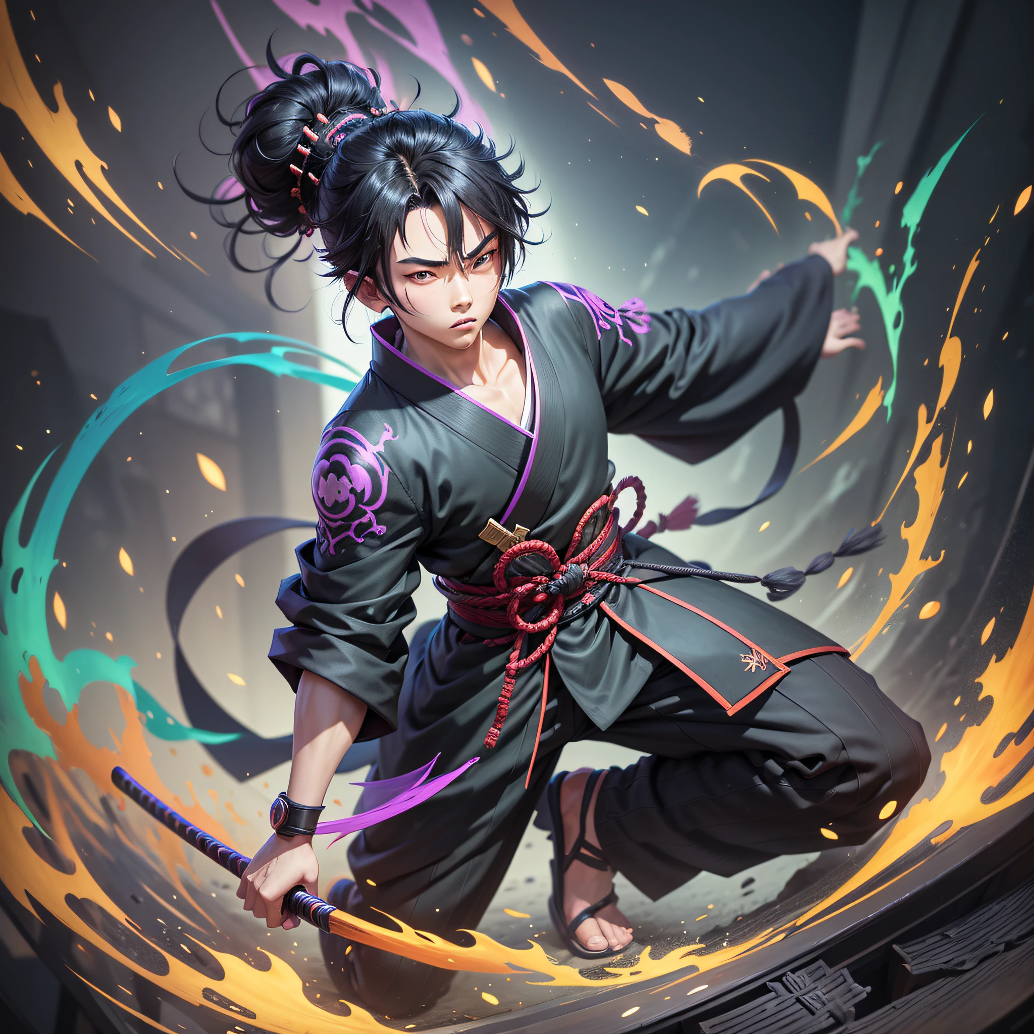 young boy, anime, black hair, samurai, black kimono with green detales, full body, 3d model, render, anime cel shading, blander, unreal engine 5, cartoon, fullbody, vibrant colors, league of legends splash art style, fire vfx green and purple, strong colors, saturation, vibrant, black background, boy, hair stuck with samurai bun and two locks of bangs