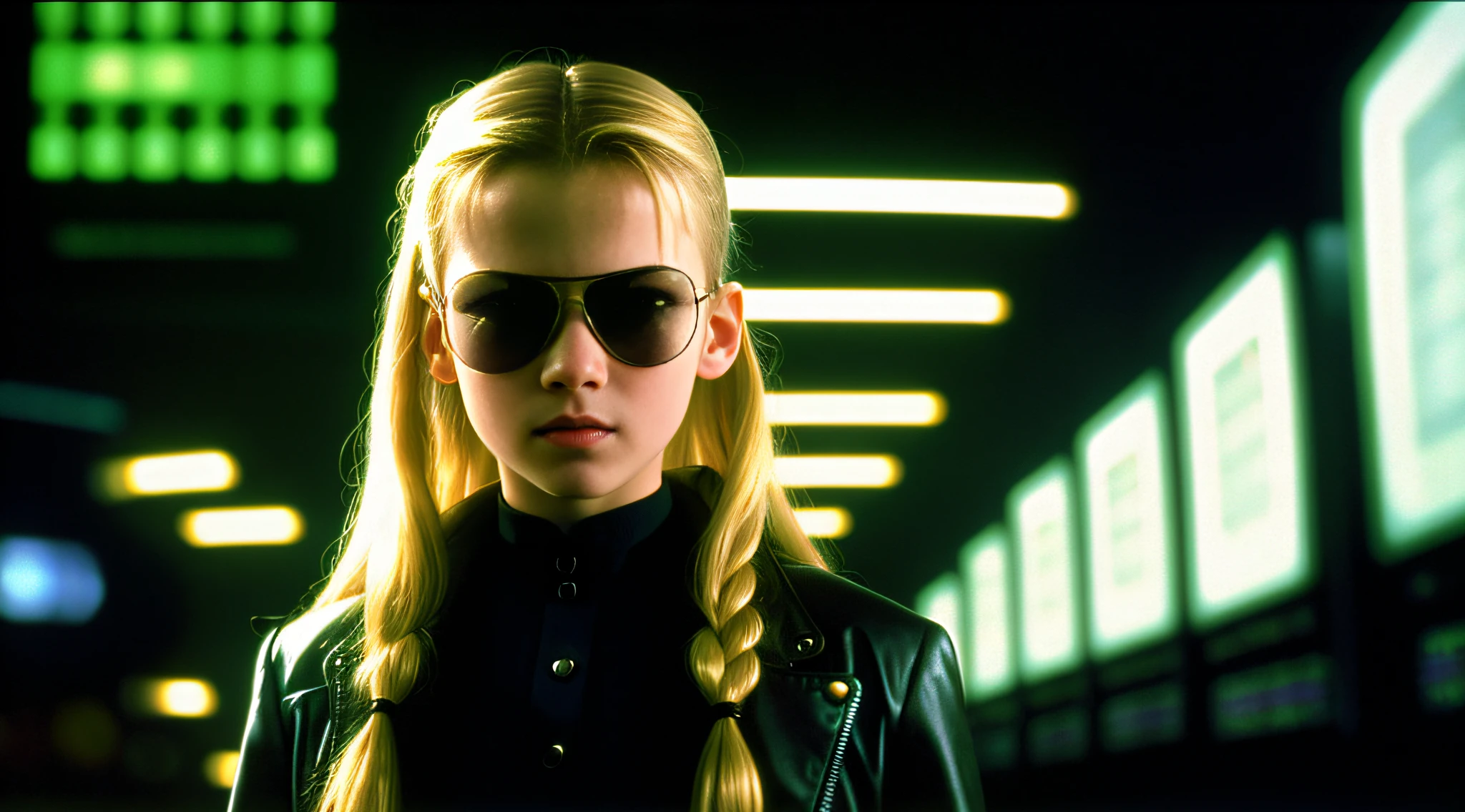 A closeup of a -yeld Ruan child girth long blonde hair, in a suit and sunglasses in front of a wall of televisions, in the new Matrix movie, Neo from The Matrix, Neo from The Matrix, in The Matrix, from The Matrix (1999), from The Matrix (1 9 9 9 9 ), Matrix Film Pinterest Color, Matrix Film Color, The Matrix, Matrix Movie Color grading