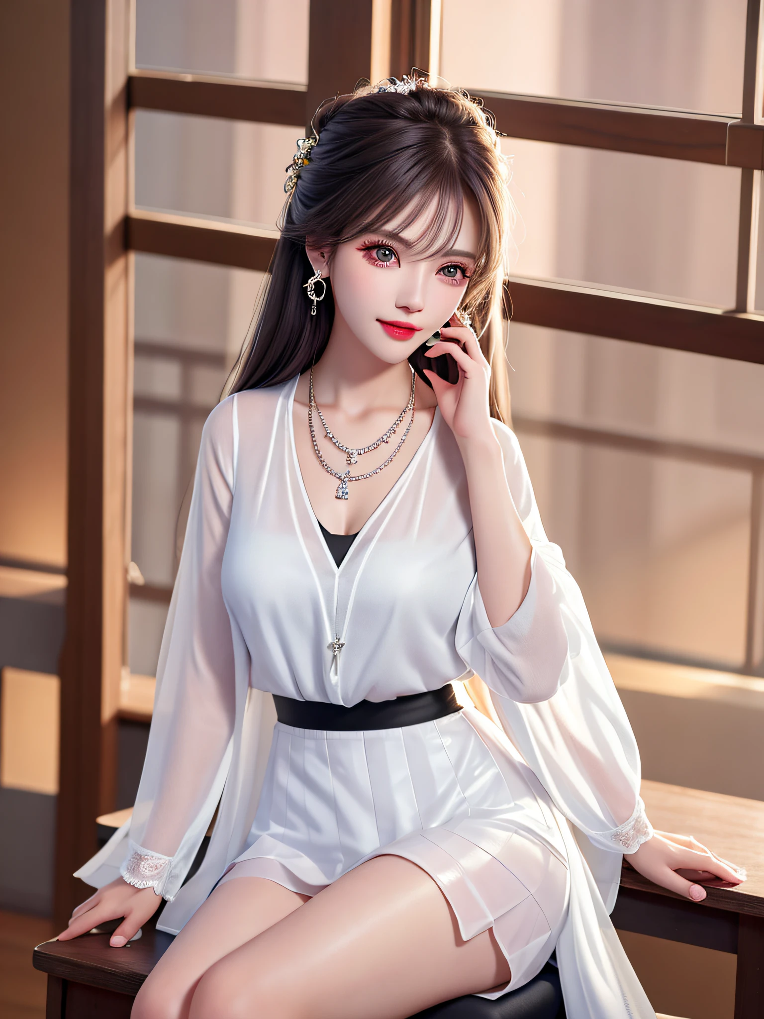 Female teacher crossing legs on classroom chair v6, necklace, earrings, full body v6, long gray hair, translucent clothes, visible, superb, ultra high definition, RAW photo, realism 1.25), (bright lip gloss, long eyelashes, smooth) face, bright skin, natural shadows, wide light, wide light, depth of field, strong color, subtle caustics: 0.8), smile, (big), v6, ( White sheer blouse, black tight skirt))