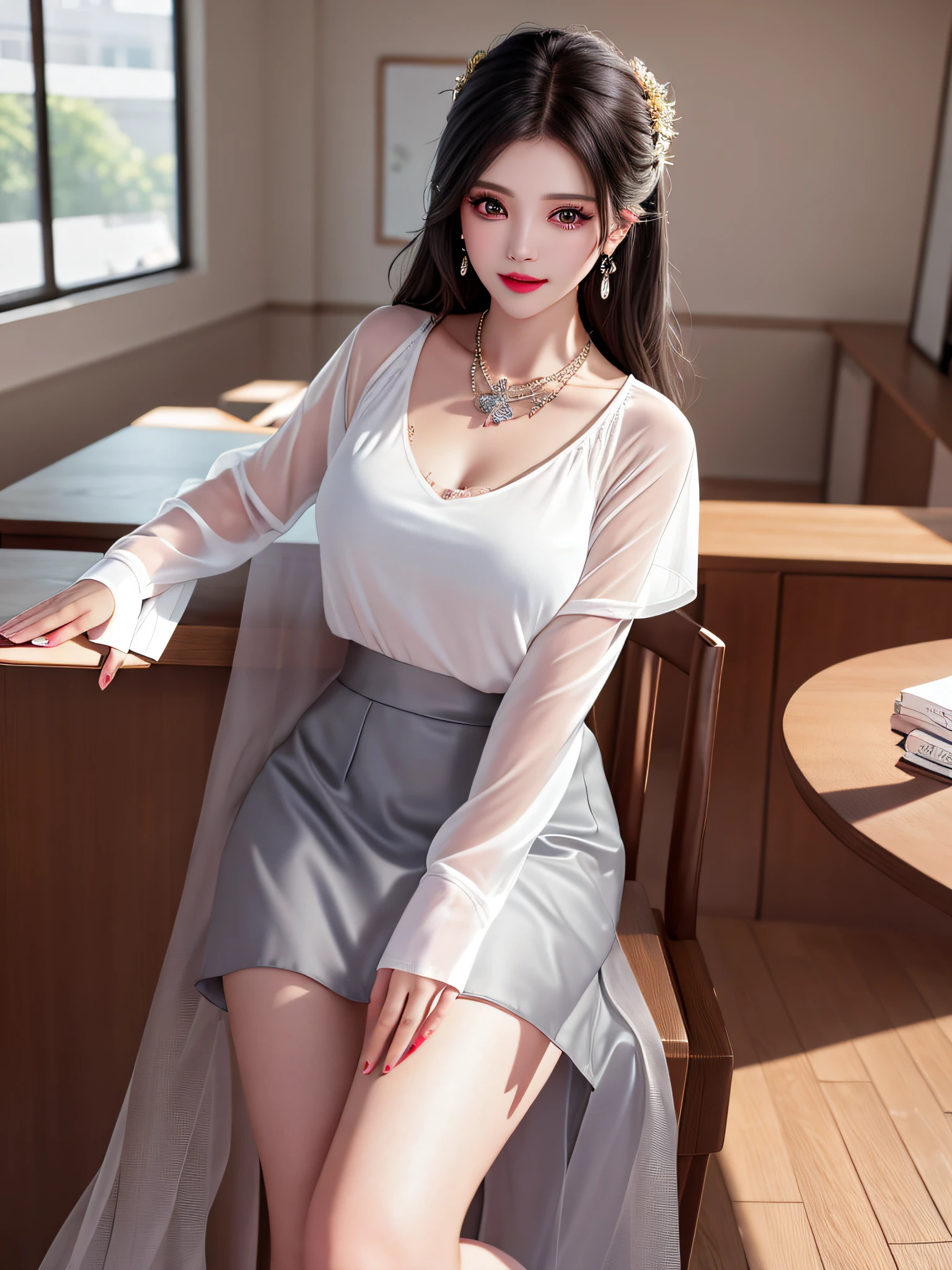 Female teacher crossing legs on classroom chair v6, necklace, earrings, full body v6, long gray hair, translucent clothes, visible, superb, ultra high definition, RAW photo, realism 1.25), (bright lip gloss, long eyelashes, smooth) face, bright skin, natural shadows, wide light, wide light, depth of field, strong color, subtle caustics: 0.8), smile, (big), v6, ( White sheer blouse, black tight skirt))
