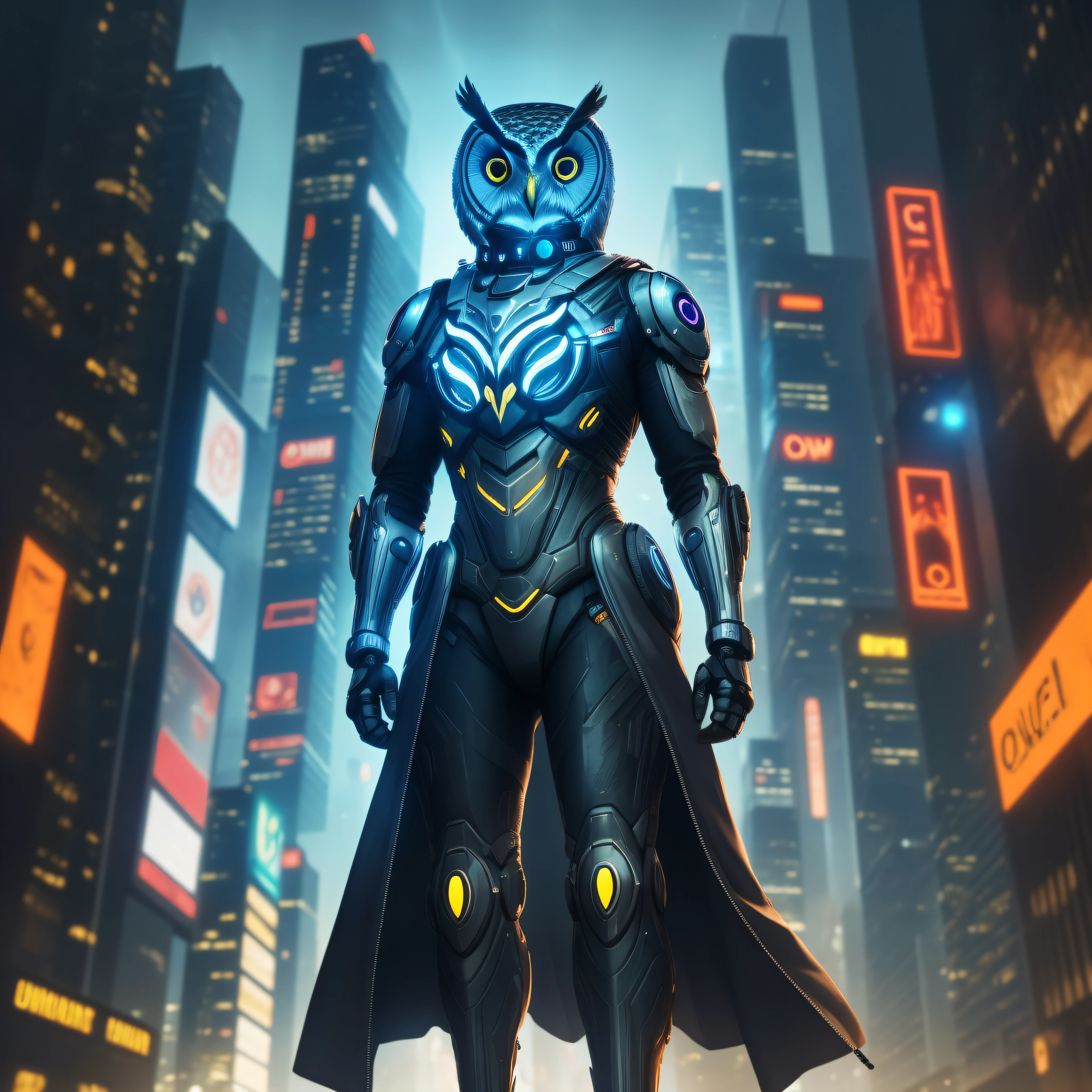 ((owl)) with full body, cyborg, tense look, cyberpunk city, Futurism, cinematic lighting, lens flare, high quality