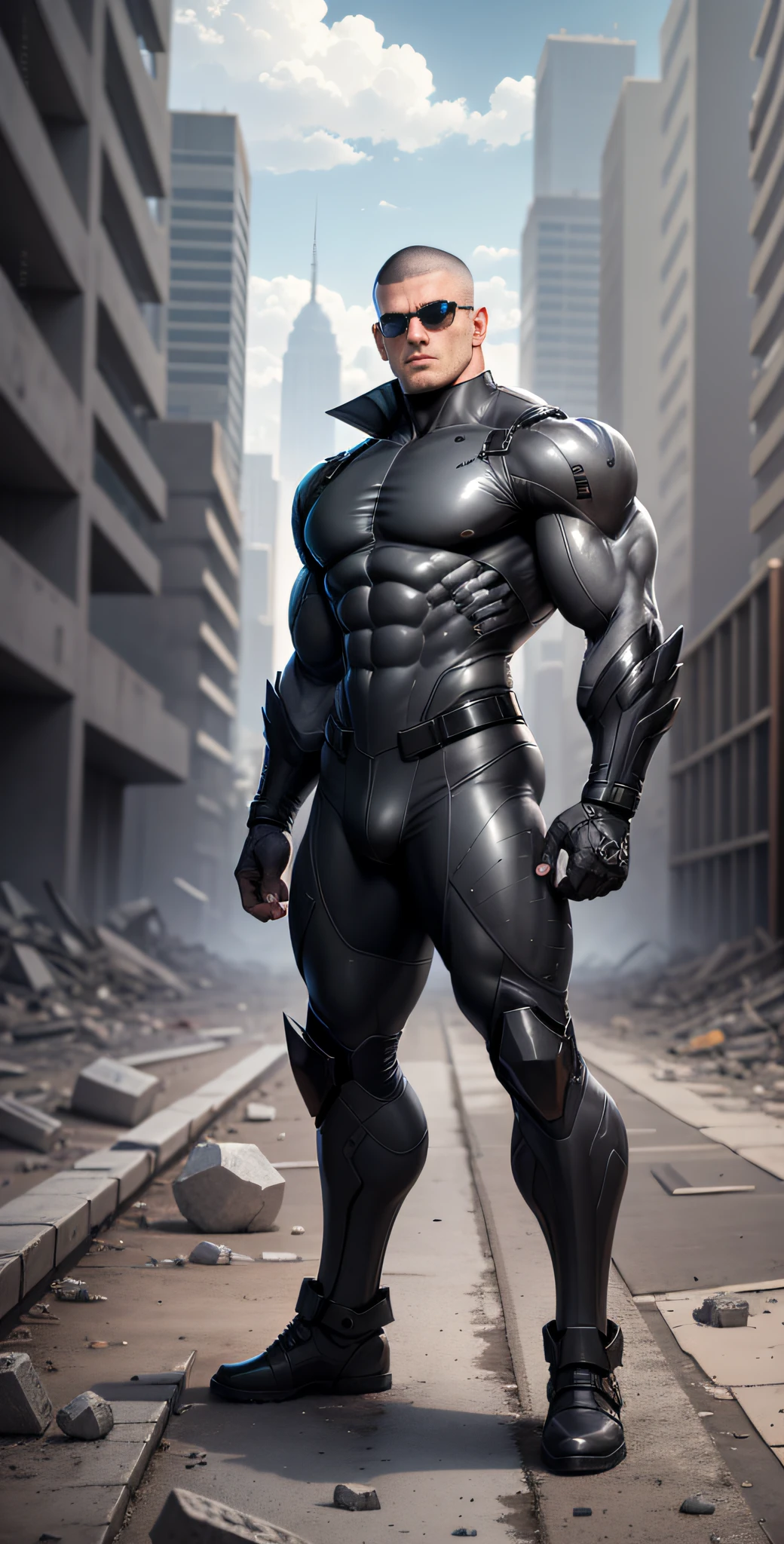 Arad man in gray, black and white clothes standing in desolate ruins, muscle male hero, Buzz cut, heroic male pose, tall and burly, muscular! Wearing black sunglasses, tall burly and strong, stealth suit, super buff and cool, high resolution committee, character design police, black military boots, attractive strong male