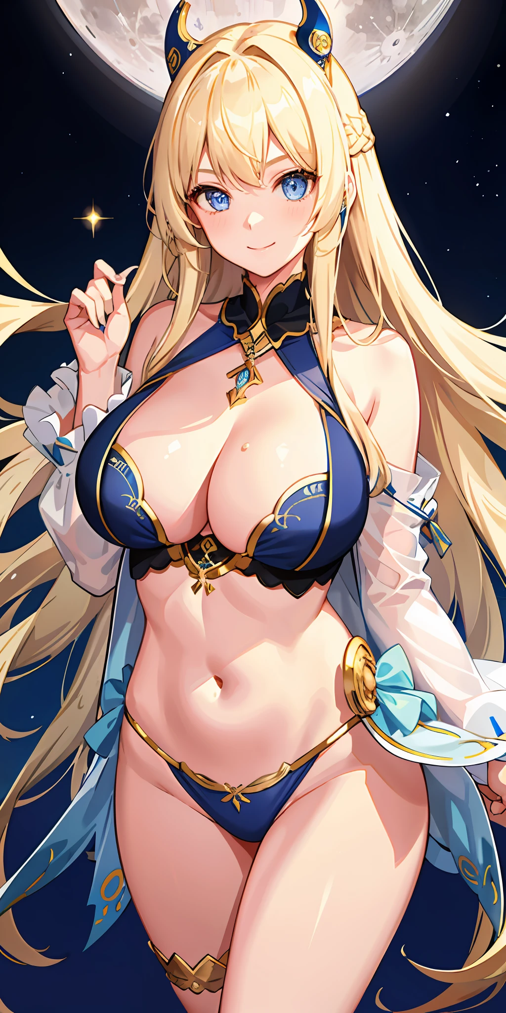 1girl, bright, blonde, long hair,, blue eyes, moon motif, multicolored hair, saleme, head mask, side light, light particles, wallpaper, big, plump, idol, swimsuit, loose, quiet, smile, gentle, clear, sexy, teacher