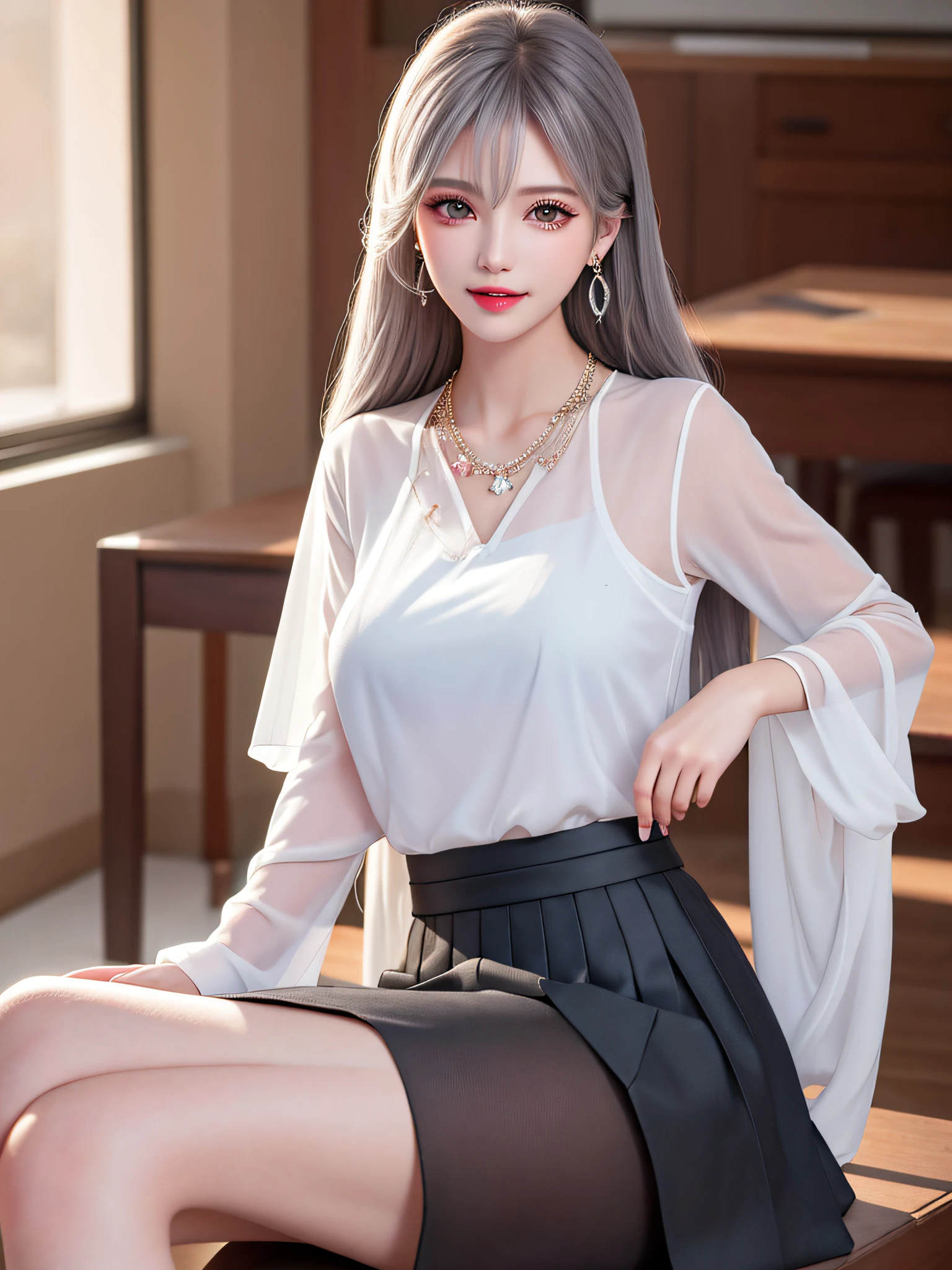 Female teacher crossing legs on classroom chair v6, necklace, earrings, full body v6, long gray hair, translucent clothes, visible, superb, ultra high definition, RAW photo, realism 1.25), (bright lip gloss, long eyelashes, smooth) face, bright skin, natural shadows, wide light, wide light, depth of field, strong color, subtle caustics: 0.8), smile, (big), v6, ( White sheer blouse, black tight skirt))