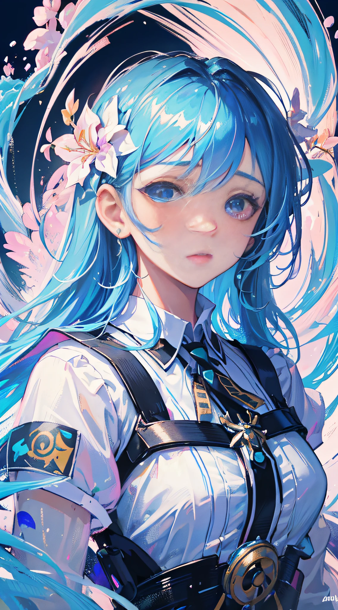 (masterpiece), (best quality), (ultra detailed),(disheveled hair),(illustration), (1girl), (Fashionable clothing), standing, Fashion model, looking at viewer, (interview), (simple background),beautiful detailed eyes, delicate beautiful face, Floating,(high saturation),(colorful splashes),colorful bubble,(shining), focus on face, kamisato ayaka, light blue hair, bangs, hair ring, floating flowers, floating hairs.Girl, anime waifu, looking at viewer, highlydetailed, reflections transparent iridescent colors, long transparent iridescent RGB hair, artby Serafleur from artstation, thick acrylic,illustration on pixiv, waist up portrait, gorgeoussacred girl, best quality, ultra detailed,sad,clever,beautiful face , beautiful lighton black background, Character stvle renderedby Octane,
