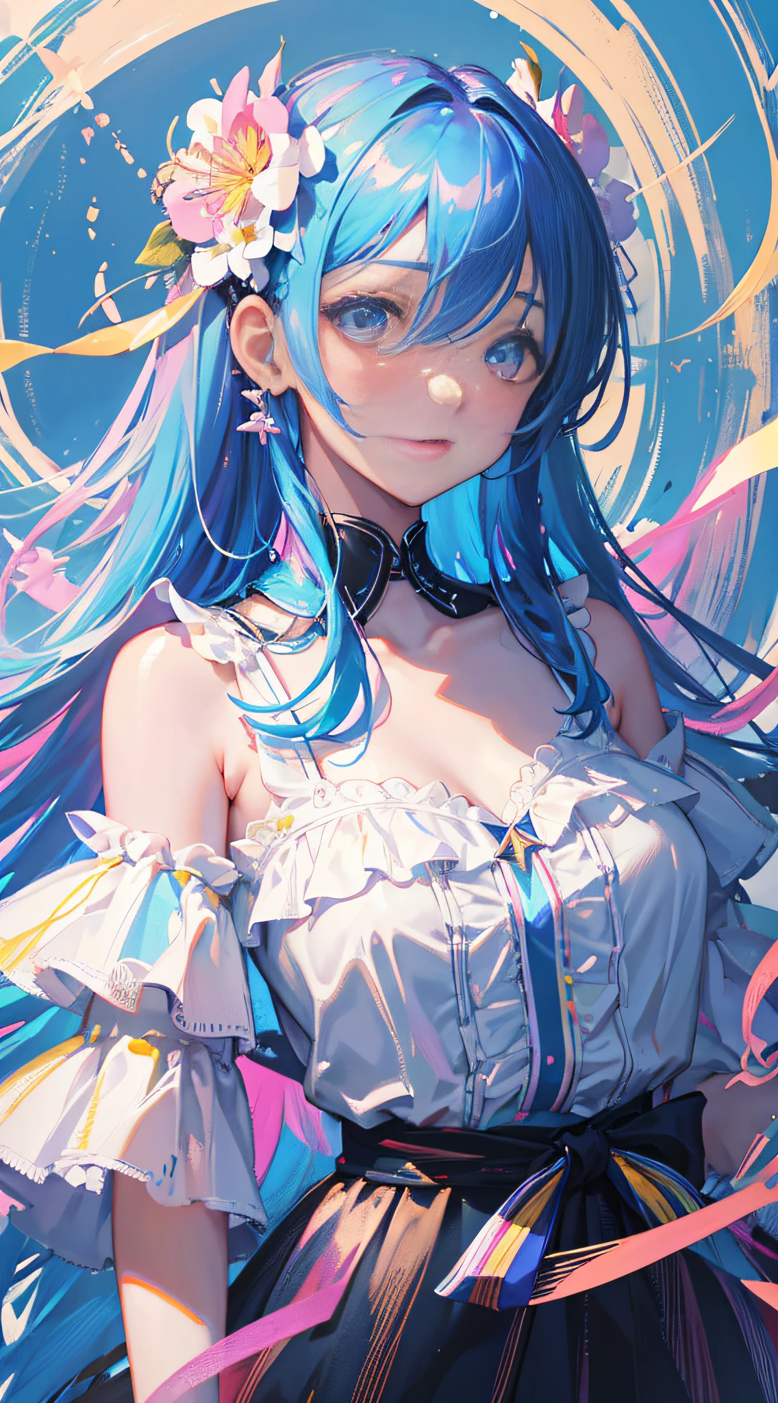 (masterpiece), (best quality), (ultra detailed),(disheveled hair),(illustration), (1girl), (Fashionable clothing), standing, Fashion model, looking at viewer, (interview), (simple background),beautiful detailed eyes, delicate beautiful face, Floating,(high saturation),(colorful splashes),colorful bubble,(shining), focus on face, kamisato ayaka, light blue hair, bangs, hair ring, floating flowers, floating hairs.Girl, anime waifu, looking at viewer, highlydetailed, reflections transparent iridescent colors, long transparent iridescent RGB hair, artby Serafleur from artstation, thick acrylic,illustration on pixiv, waist up portrait, gorgeoussacred girl, best quality, ultra detailed,sad,clever,beautiful face , beautiful lighton black background, Character stvle renderedby Octane,