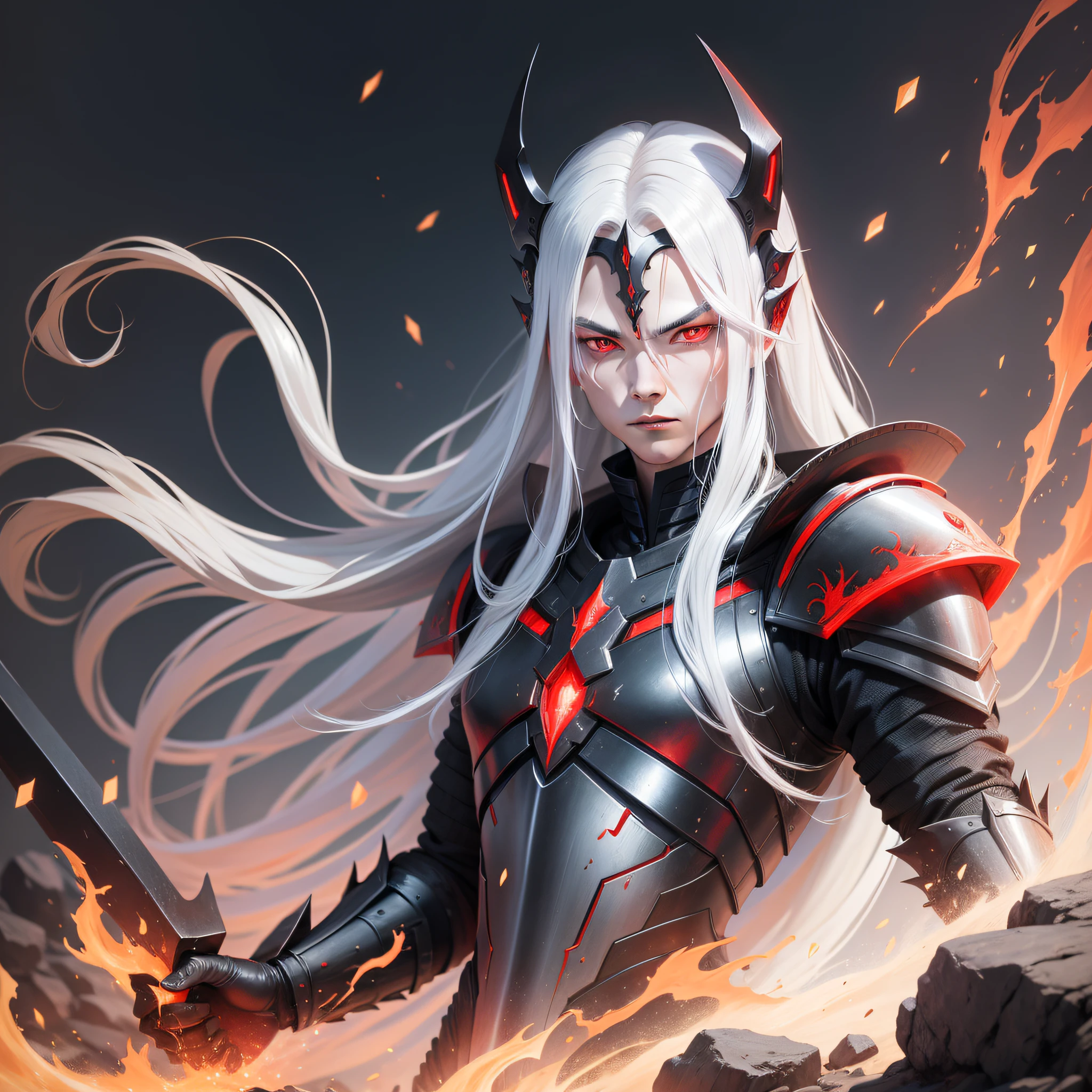 Alien King Warrior with long white hair, red eyes, black clothing and armor