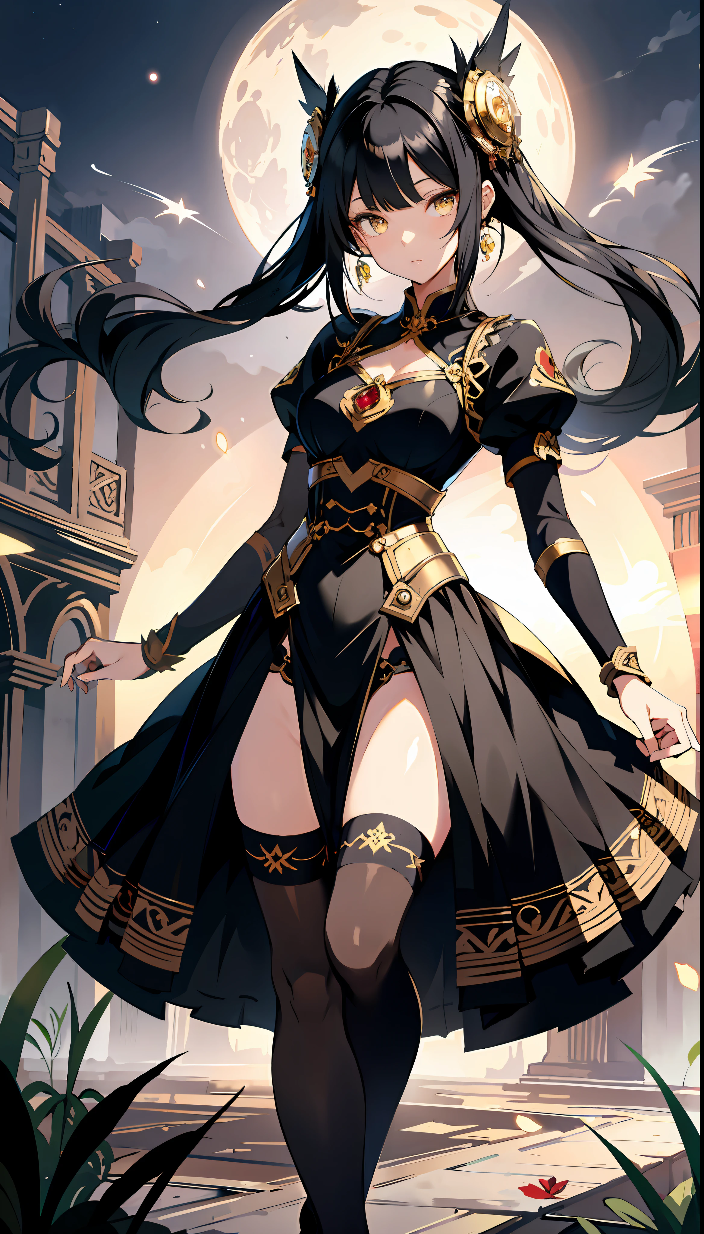 absurd res, high res, (masterpiece:1.4), ultra-detailed, 1girl, from front, moon, Chinese dress, black dress, stockings, black hair, yellow eyes, ultra detailed eyes, yellow eyes, shining eyes, glowing eyes, eyes focus, spread arms, hugging viewer, falling on viewer, open arms, welcoming viewer, viewer on Bossom, viewer hugging